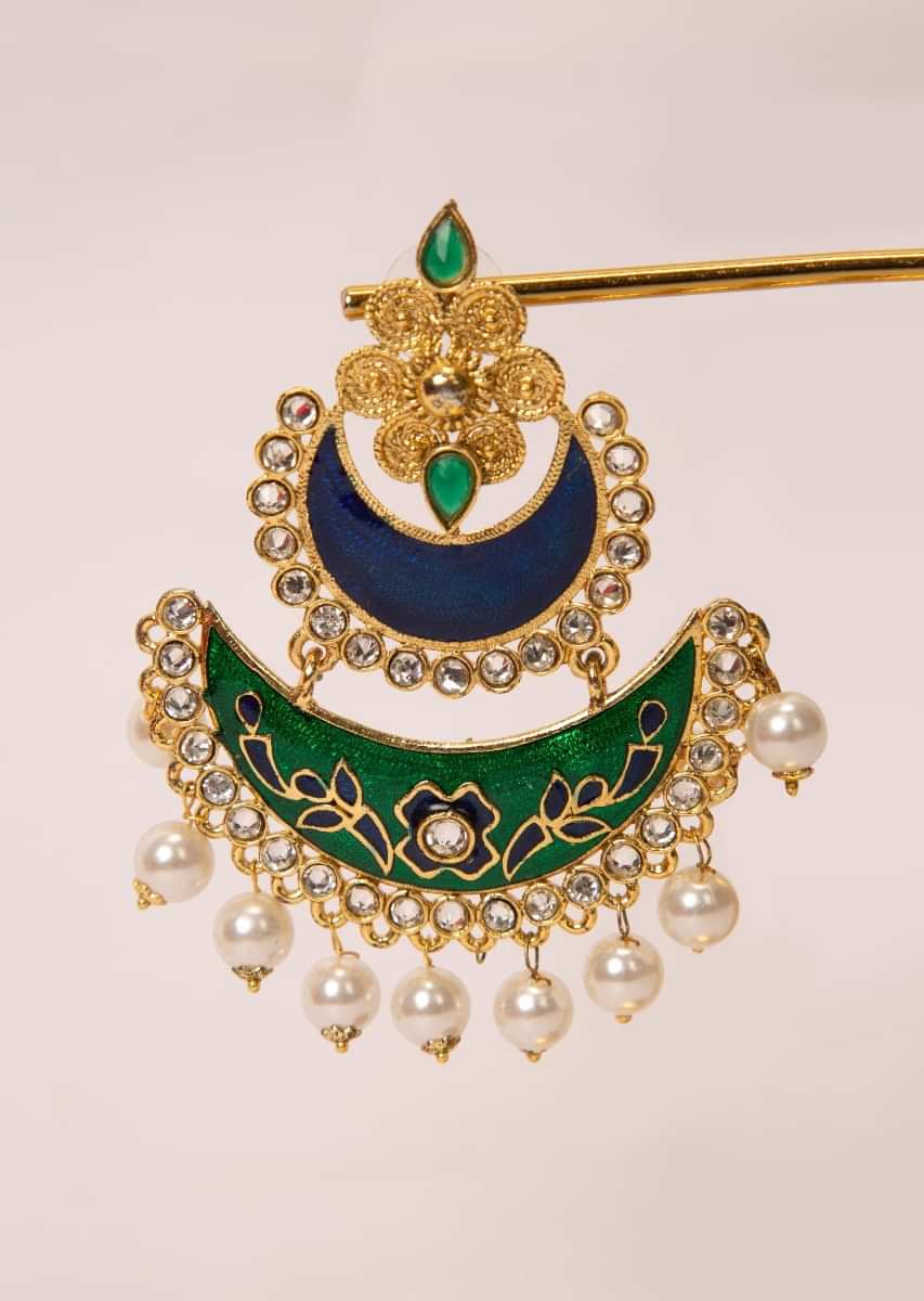 Double layer chandbali earring  with emerald green and persian blue semi precious stone