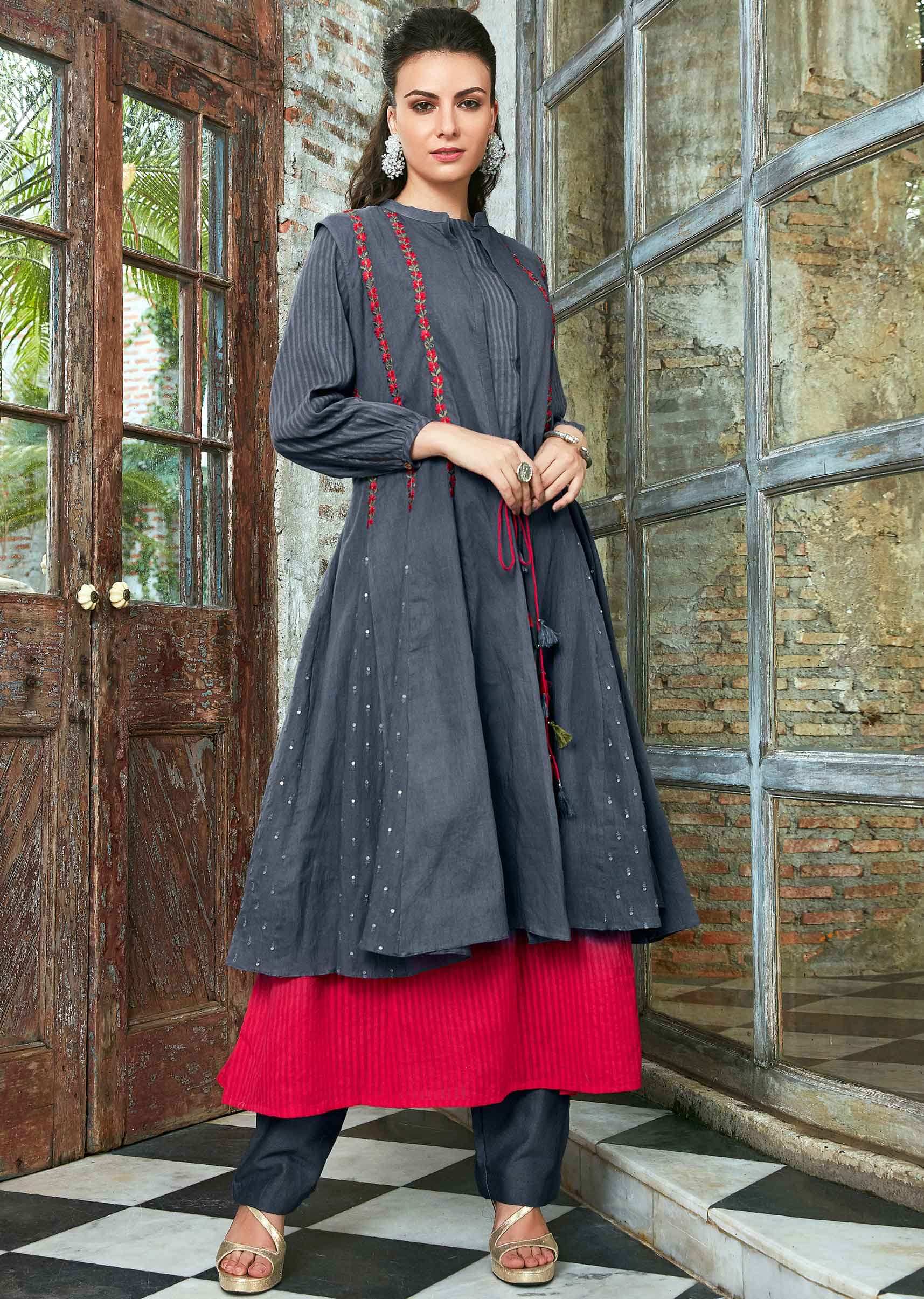 Double layer cotton kurti in shades of red and gre
