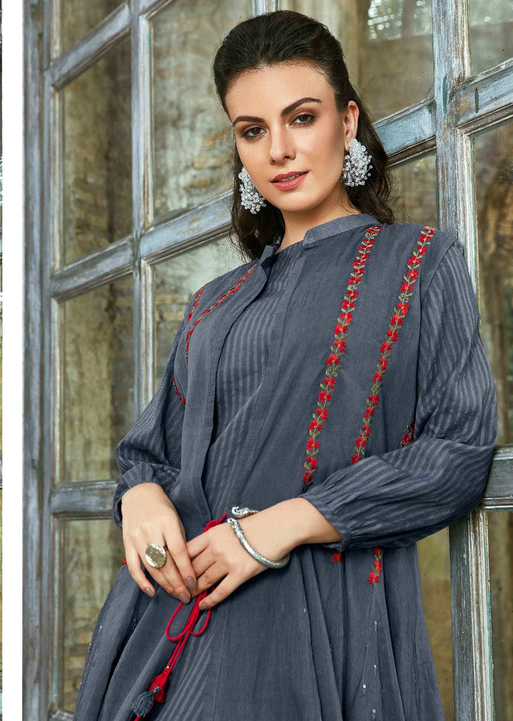 Double layer cotton kurti in shades of red and gre