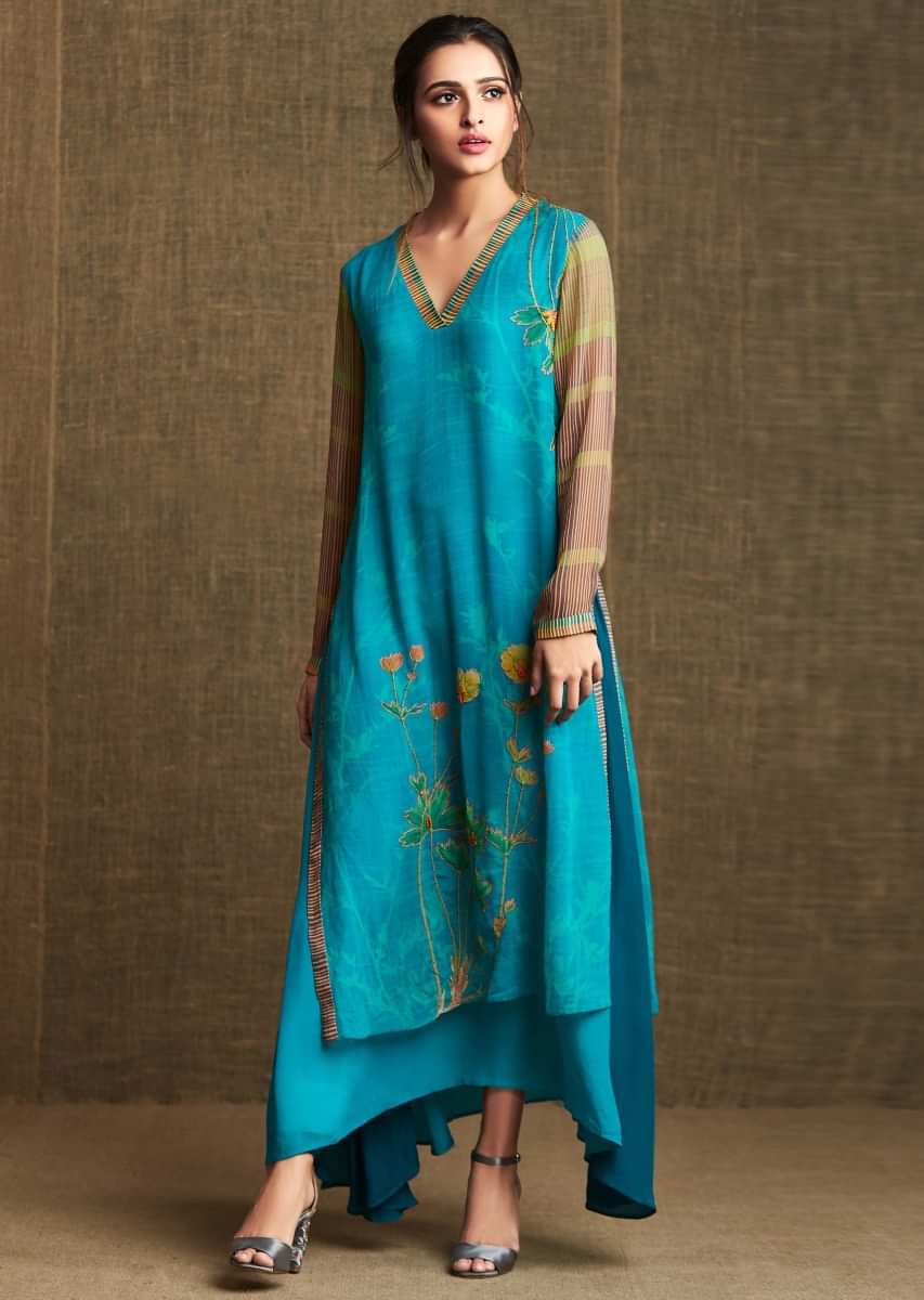 Double layer kurti in georgette with printed piping and french knot embroidery