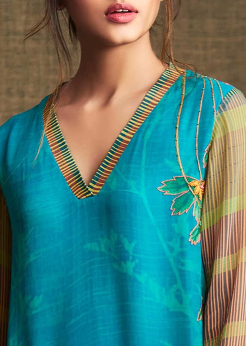 Double layer kurti in georgette with printed piping and french knot embroidery
