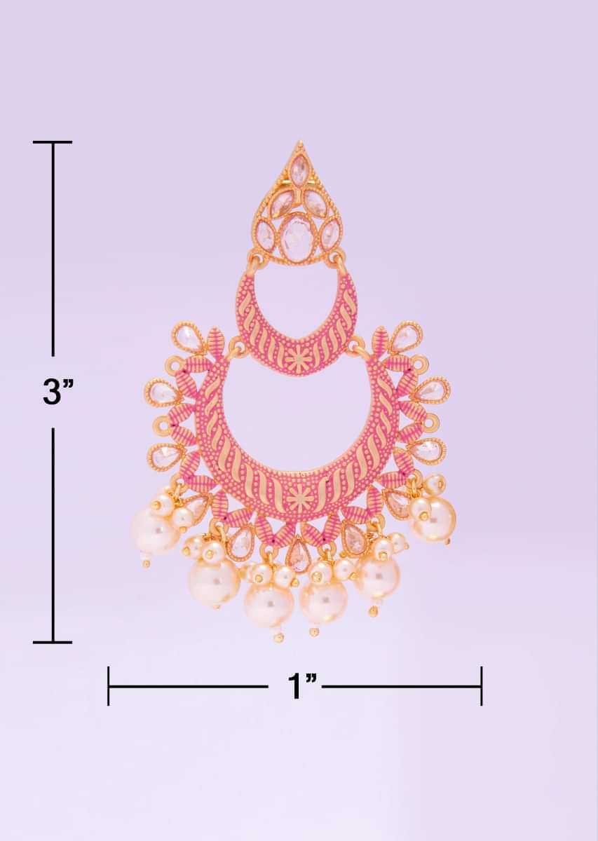 Double layer matte finish pink chandbali earring with pear and moti drop only on kalki
