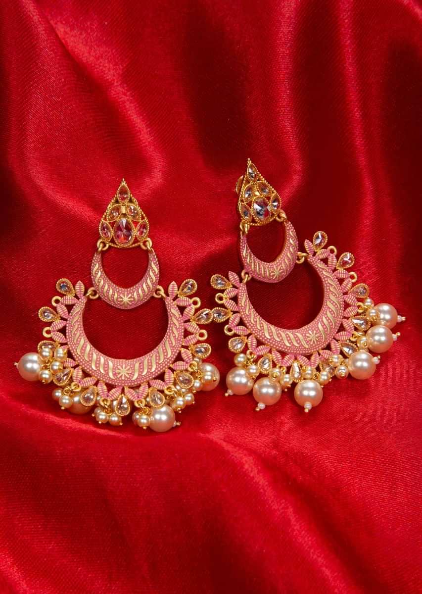 Double layer matte finish pink chandbali earring with pear and moti drop only on kalki