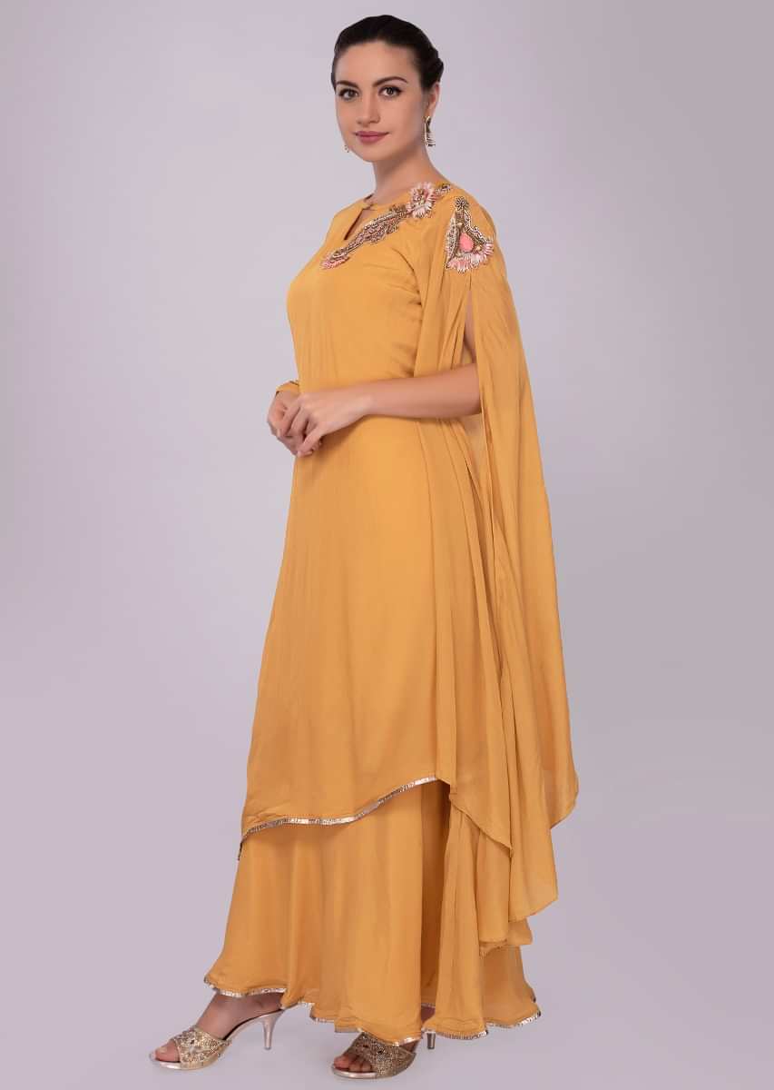 Double layer mustard tunic dress with fancy flared sleeves 