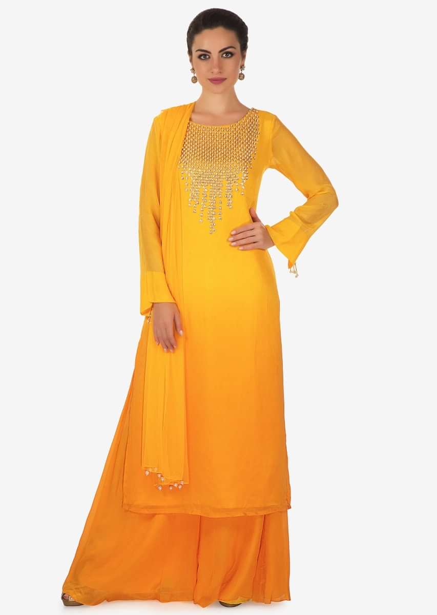 Yellow Shaded Palazzo Suit With Moti And Sequin Work Online - Kalki Fashion