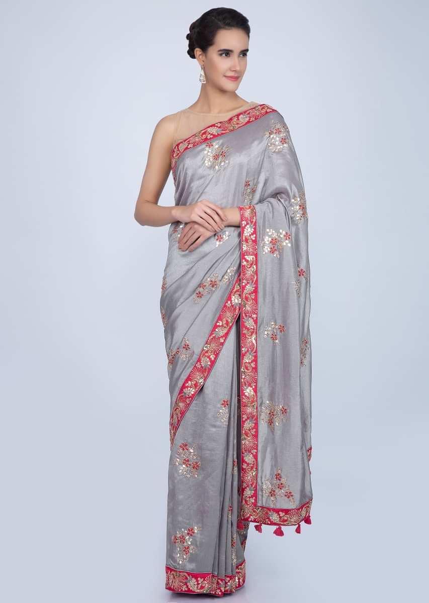 Dove grey silk saree with floral embroidered butti and border only on Kalki