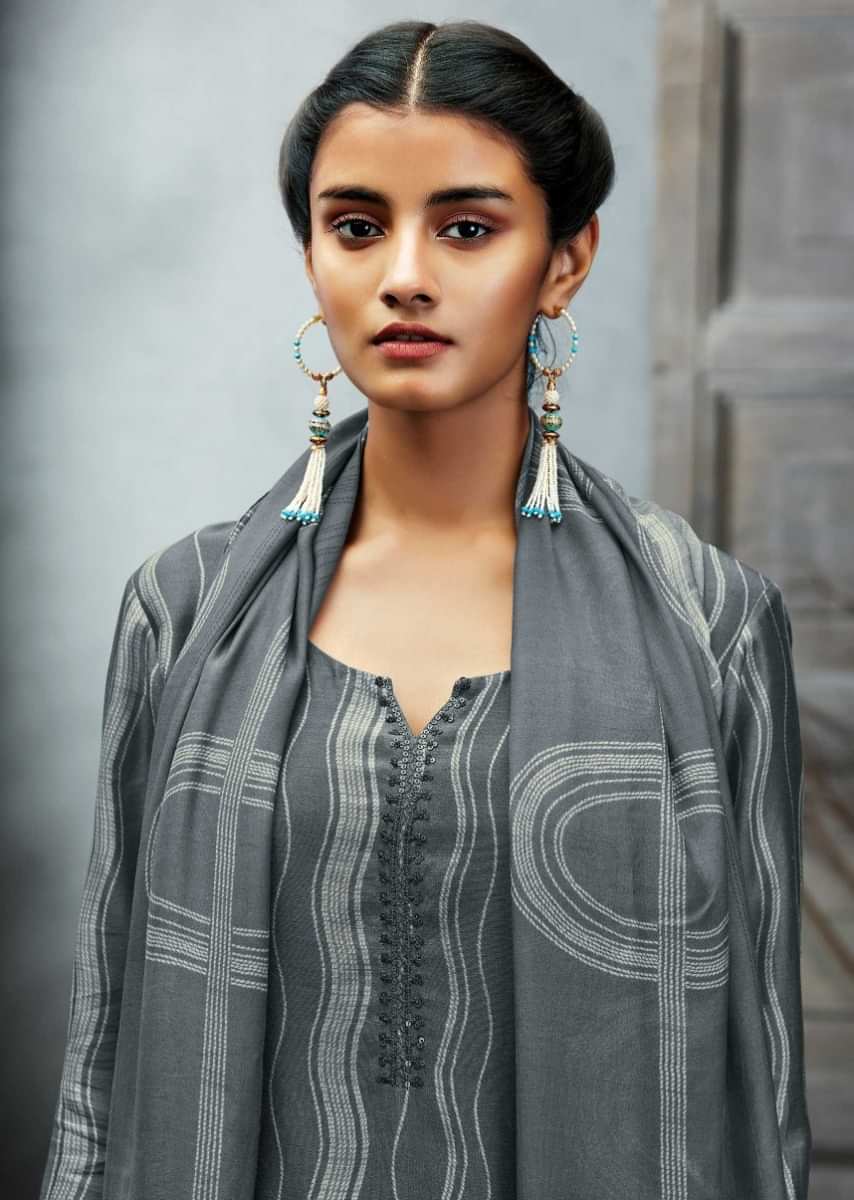 Dove Grey Unstitched Suit With Vertical Curve Printed Pattern And Sequin Embroidered Placket Online - Kalki Fashion