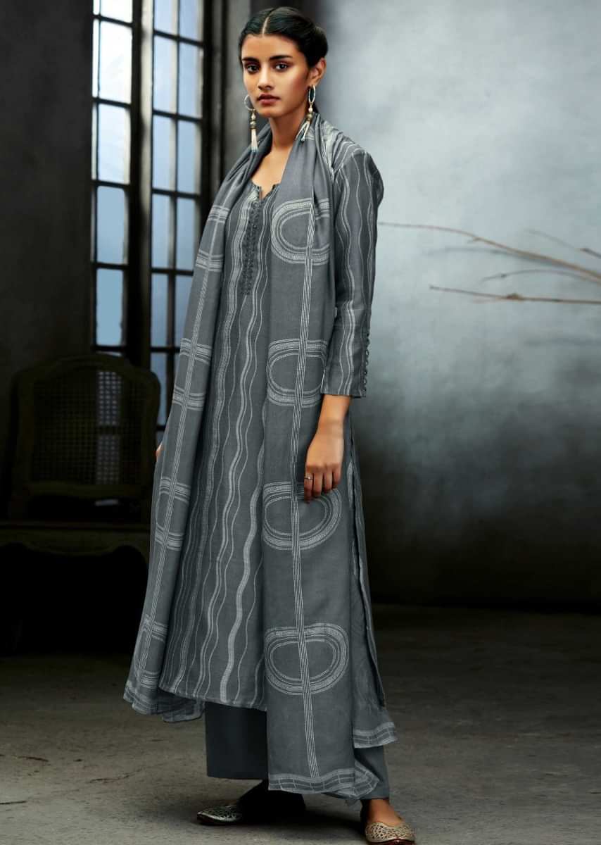 Dove Grey Unstitched Suit With Vertical Curve Printed Pattern And Sequin Embroidered Placket Online - Kalki Fashion