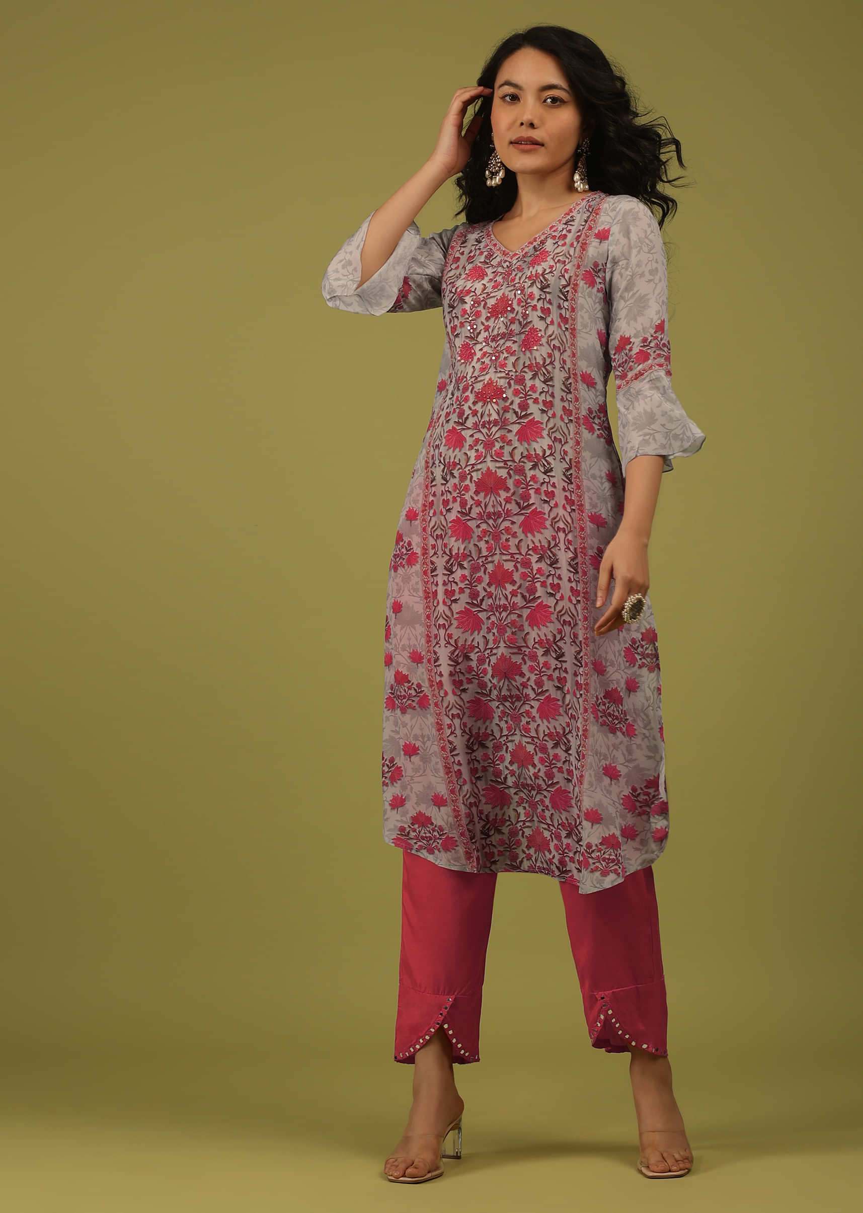 Buy Dove Grey Floral Printed Kurta With Embroidery