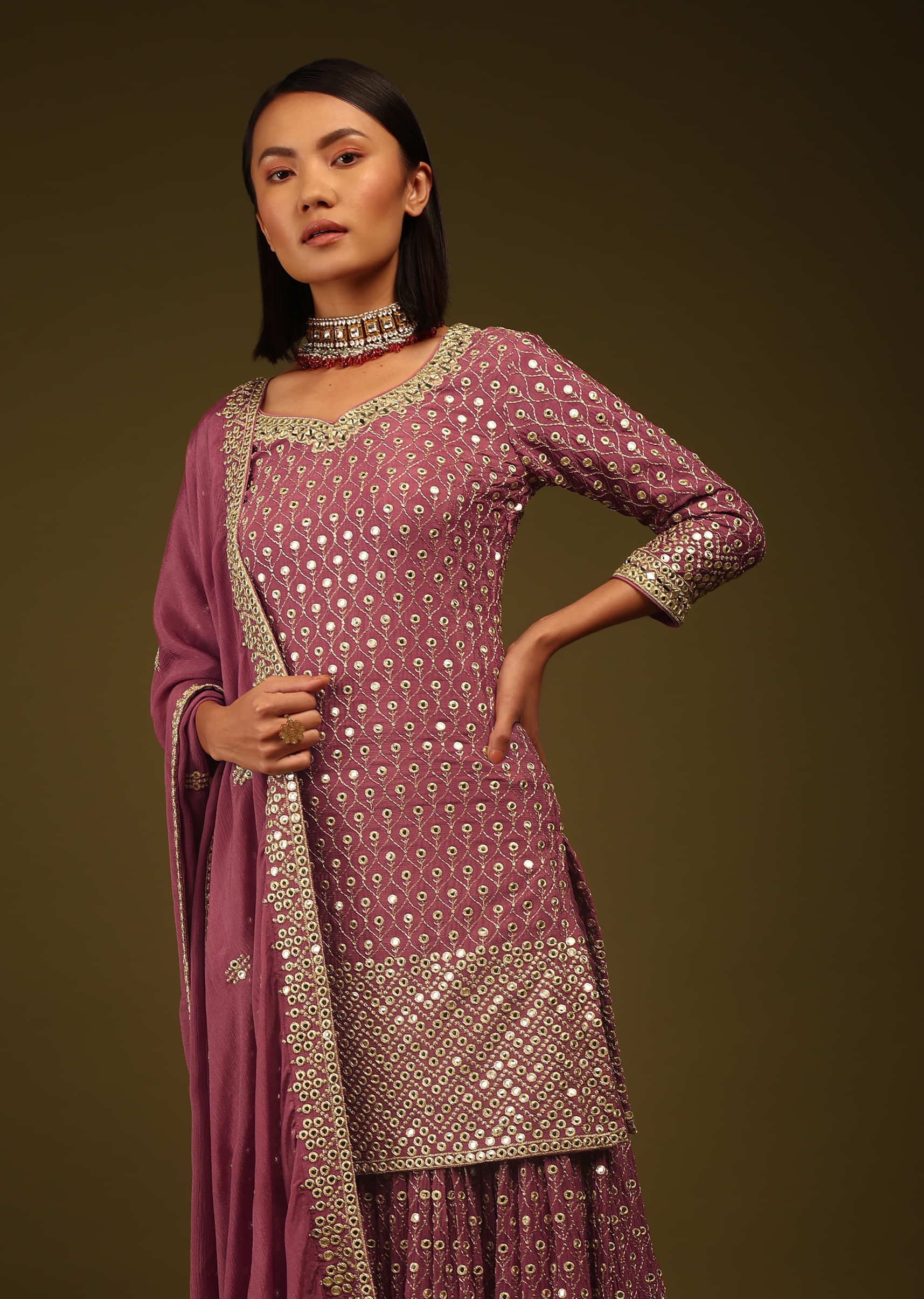 Dry Rose Sharara Suit In Mirror And Zari Embroidery