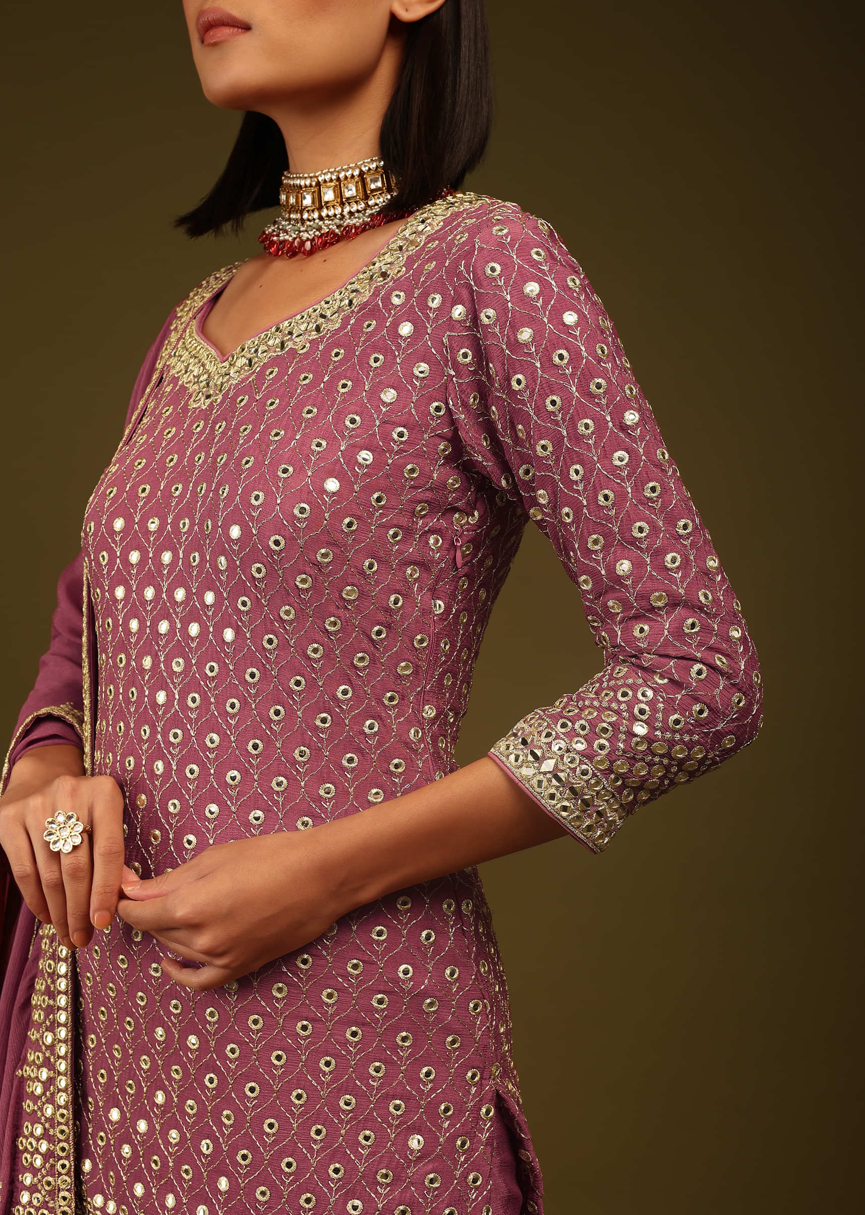 Dry Rose Sharara Suit In Mirror And Zari Embroidery