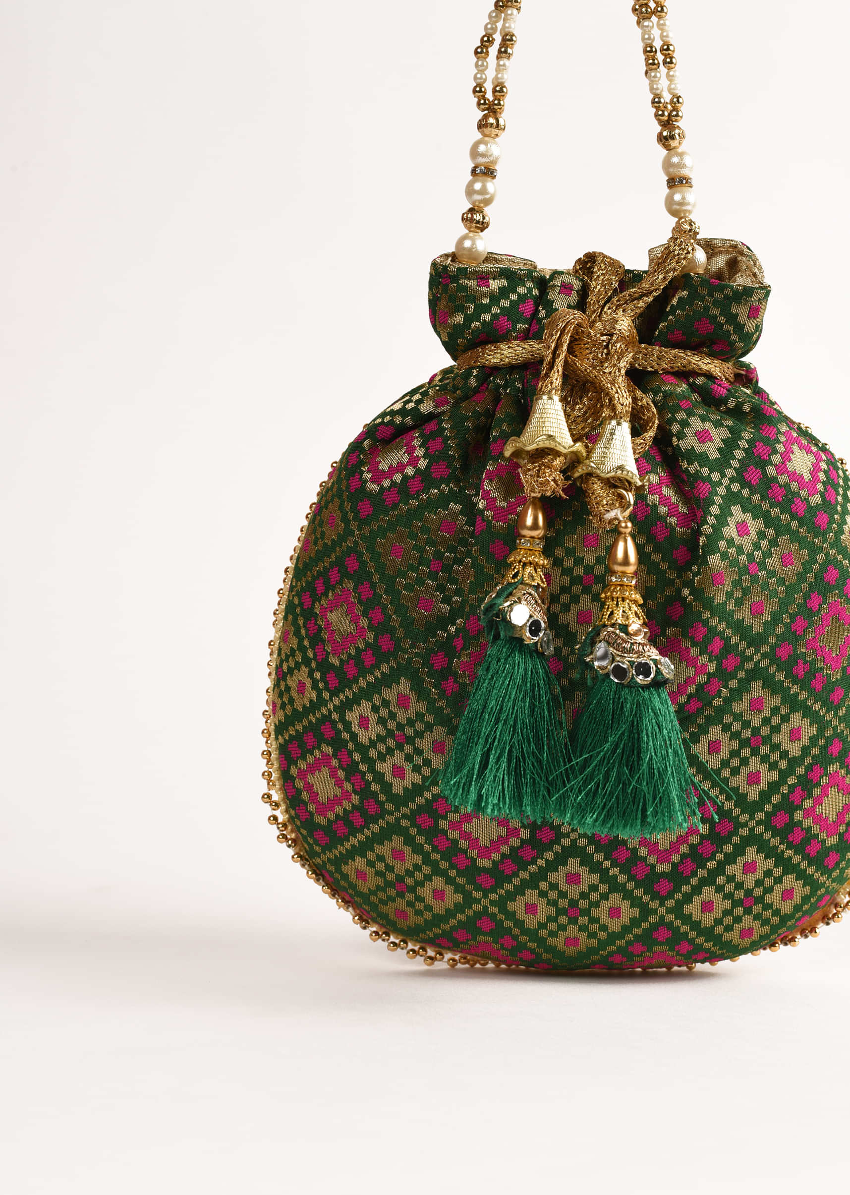 Green Potli Bag In Brocade Silk With Geometric Jaal Design Online - Kalki Fashion