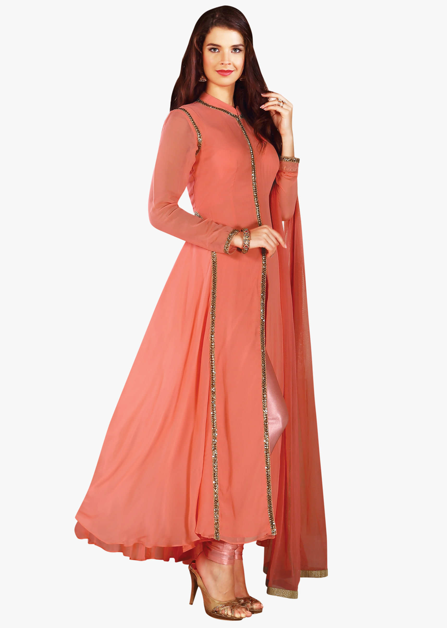 Dull pink A line suit in cut dana embroidered collar and placket
