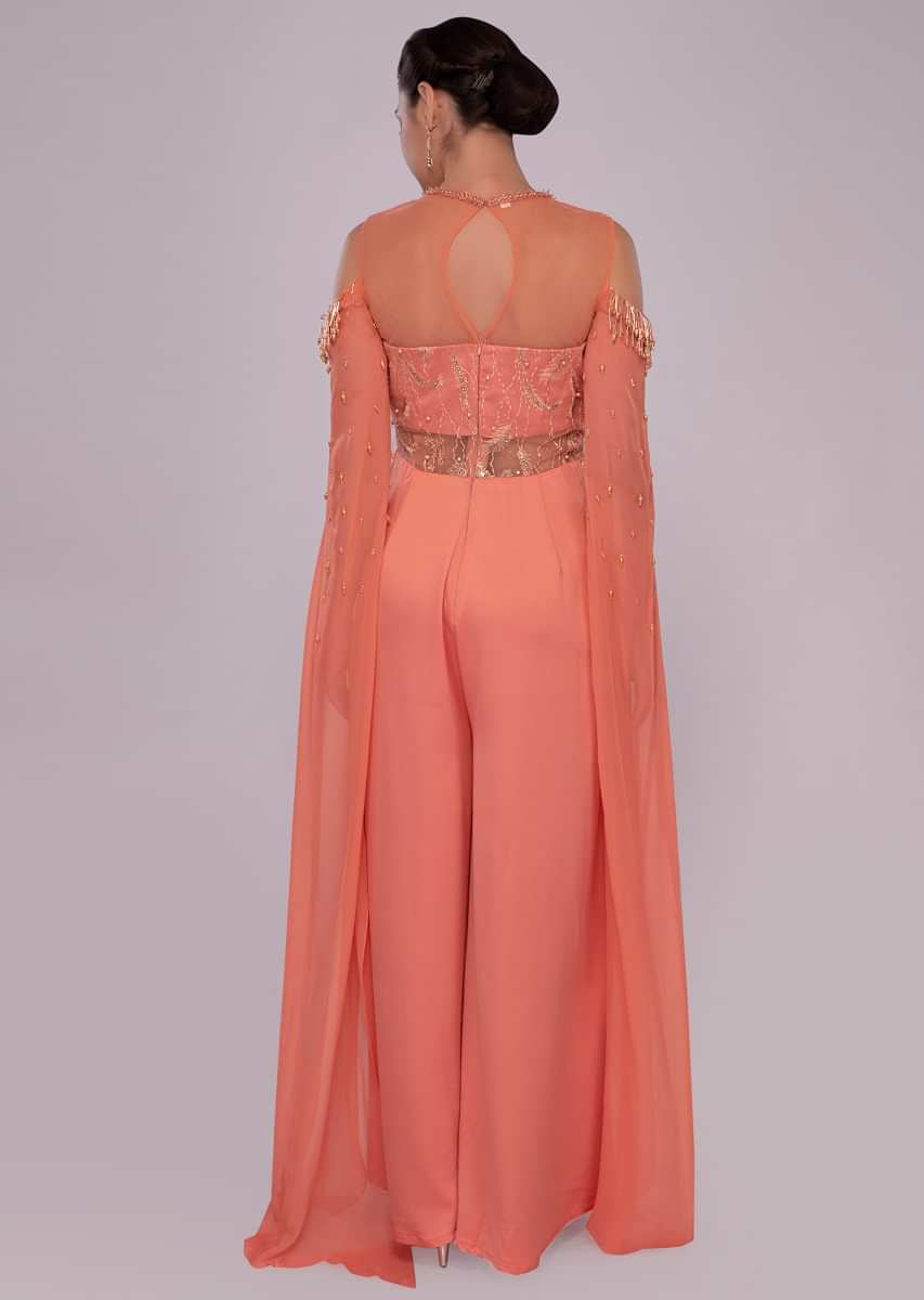 Duplin silk peach jump suit with embroidered bodice 