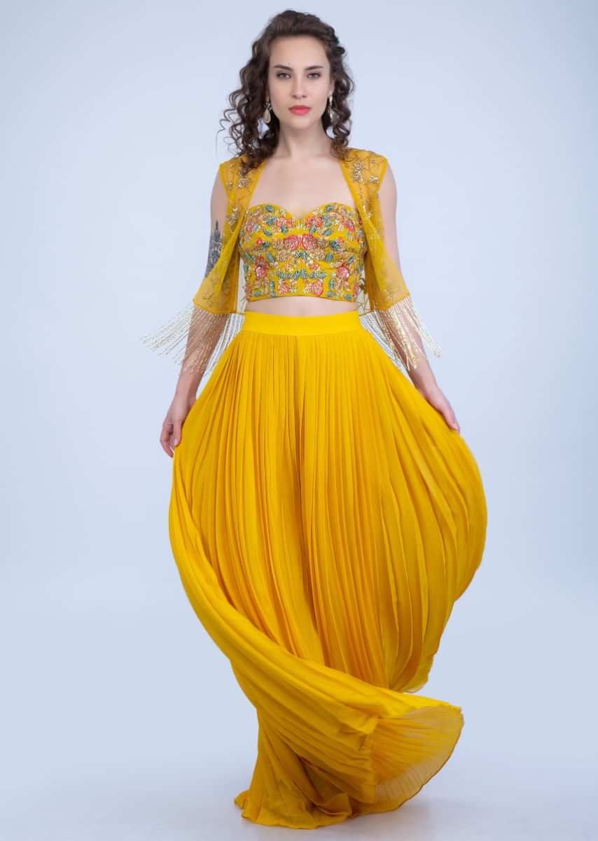 Dustan Sun Mustard Palazzo In Georgette With Strapless Corset And Embroidered Net Jacket With Tassels Online - Kalki Fashion