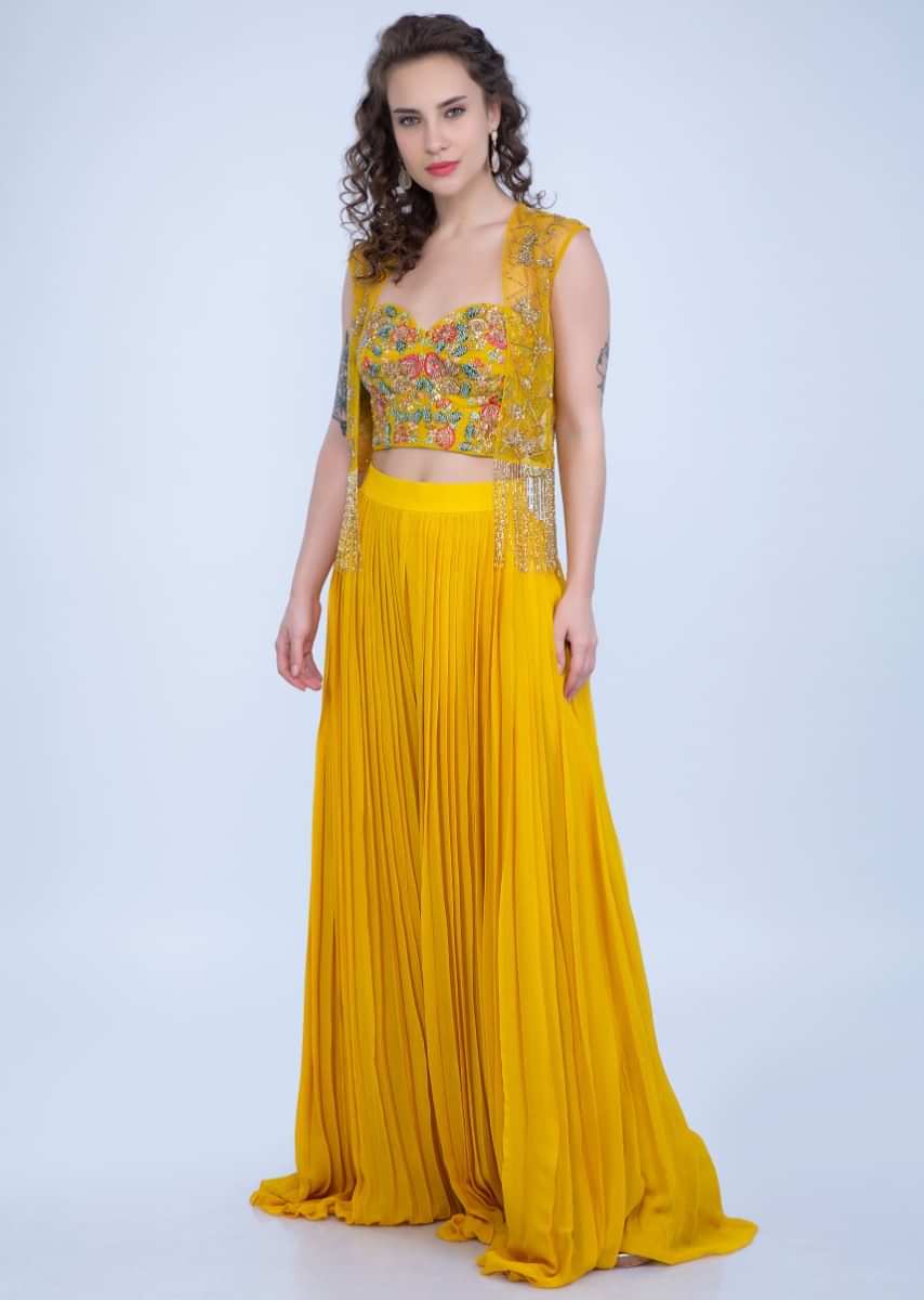 Dustan Sun Mustard Palazzo In Georgette With Strapless Corset And Embroidered Net Jacket With Tassels Online - Kalki Fashion