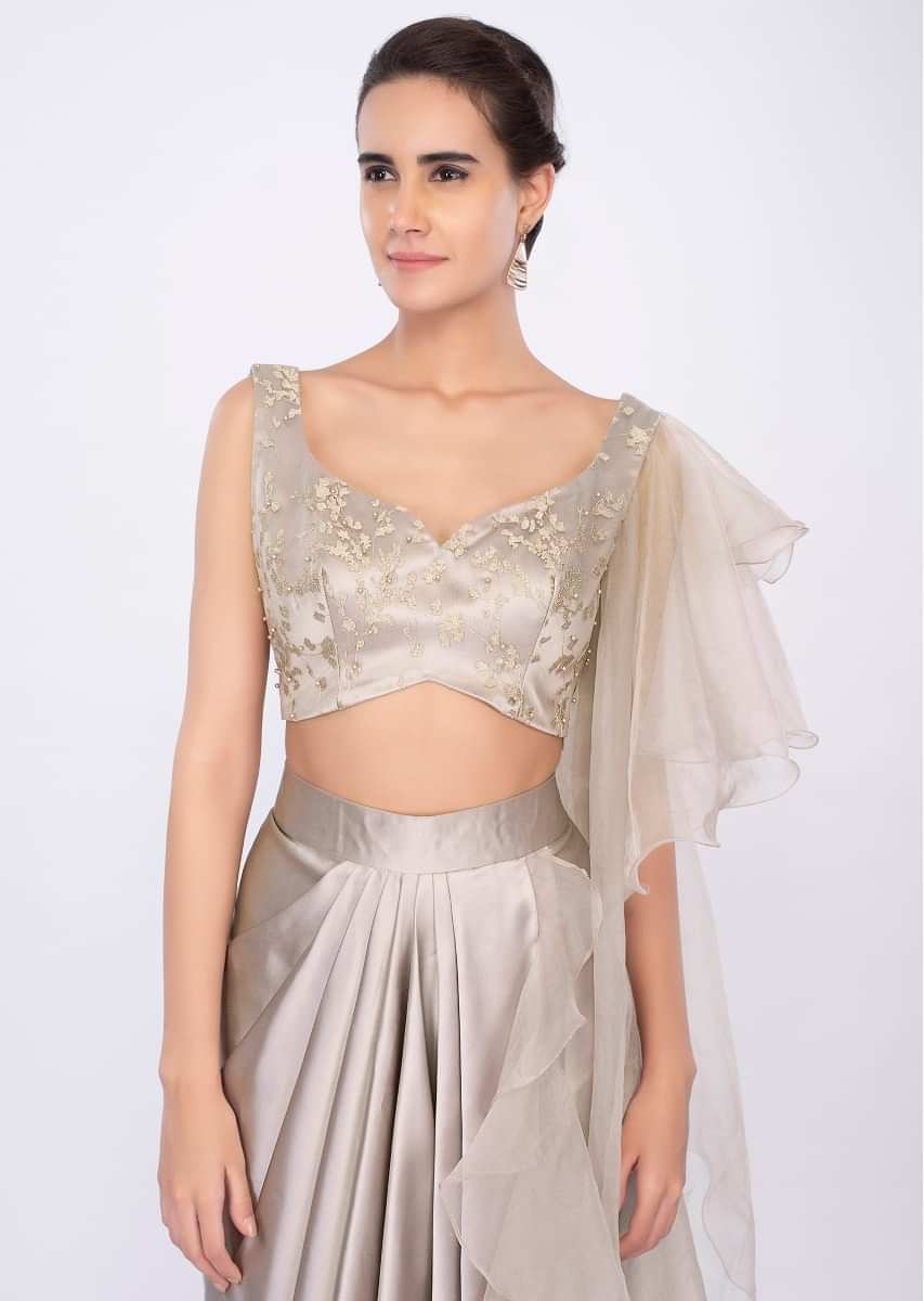 Champagne Gold Ready Pleated Saree With Organza Side Drape Online - Kalki Fashion