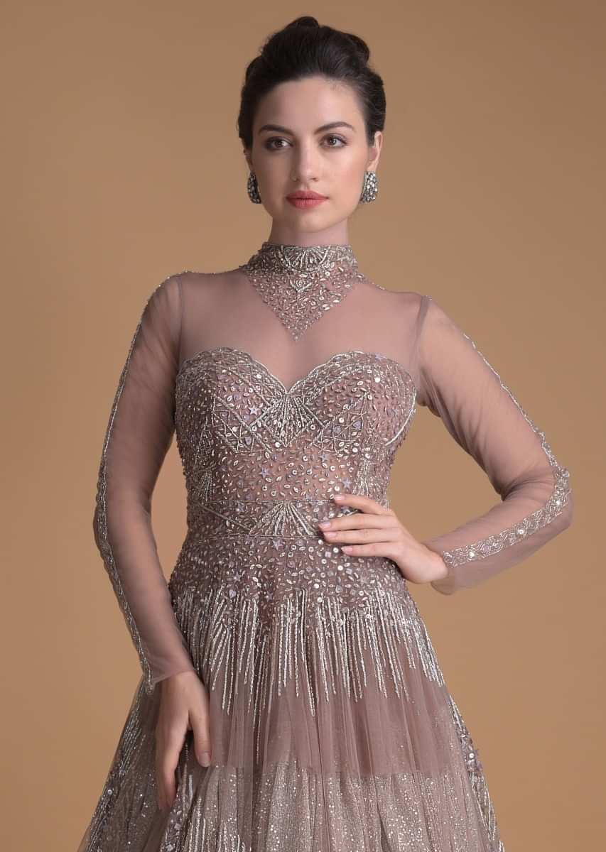 Eve Champagne Gown In Hand Embellished Net With Geometric Motifs And Choker Pattern
