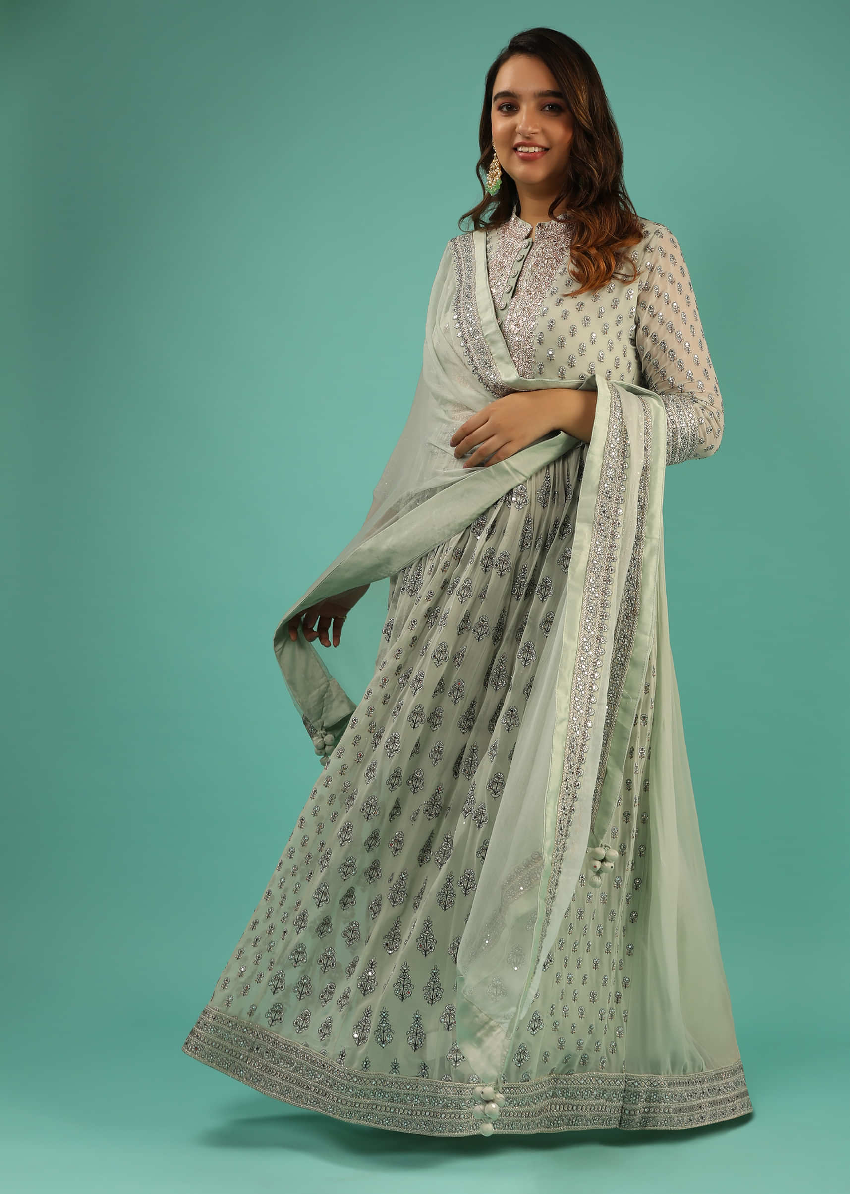 Dusty Green Anarkali Suit In Georgette With Resham And Mirror Embroidered Floral Buttis And Chiffon Dupatta  