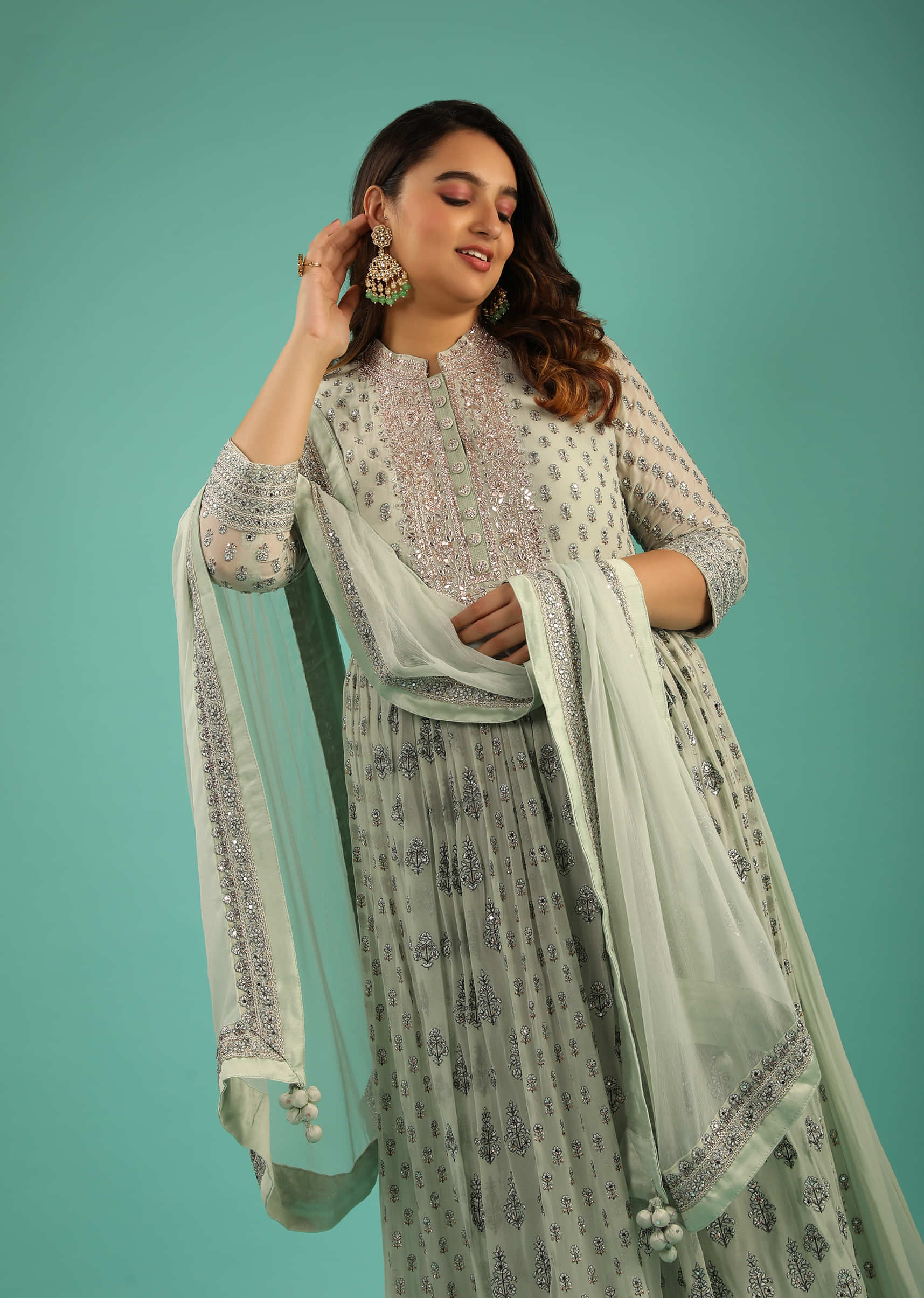 Dusty Green Anarkali Suit In Georgette With Resham And Mirror Embroidered Floral Buttis And Chiffon Dupatta  