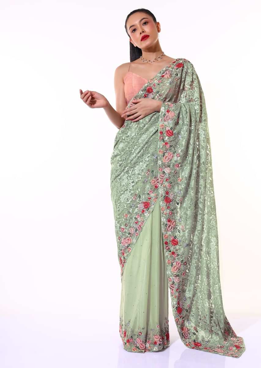 Dusty Green Half And Half Saree In Satin Crepe With Floral Lace Pallu Adorned In Colorful Resham Embroidered Border Online - Kalki Fashion