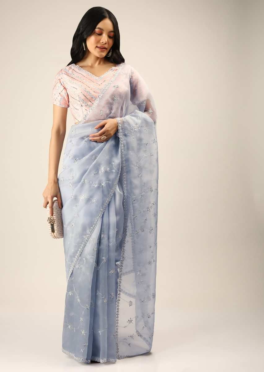 Blue Saree In Organza With Mirror Embroidered Floral Jaal And Peach Ready Blouse  