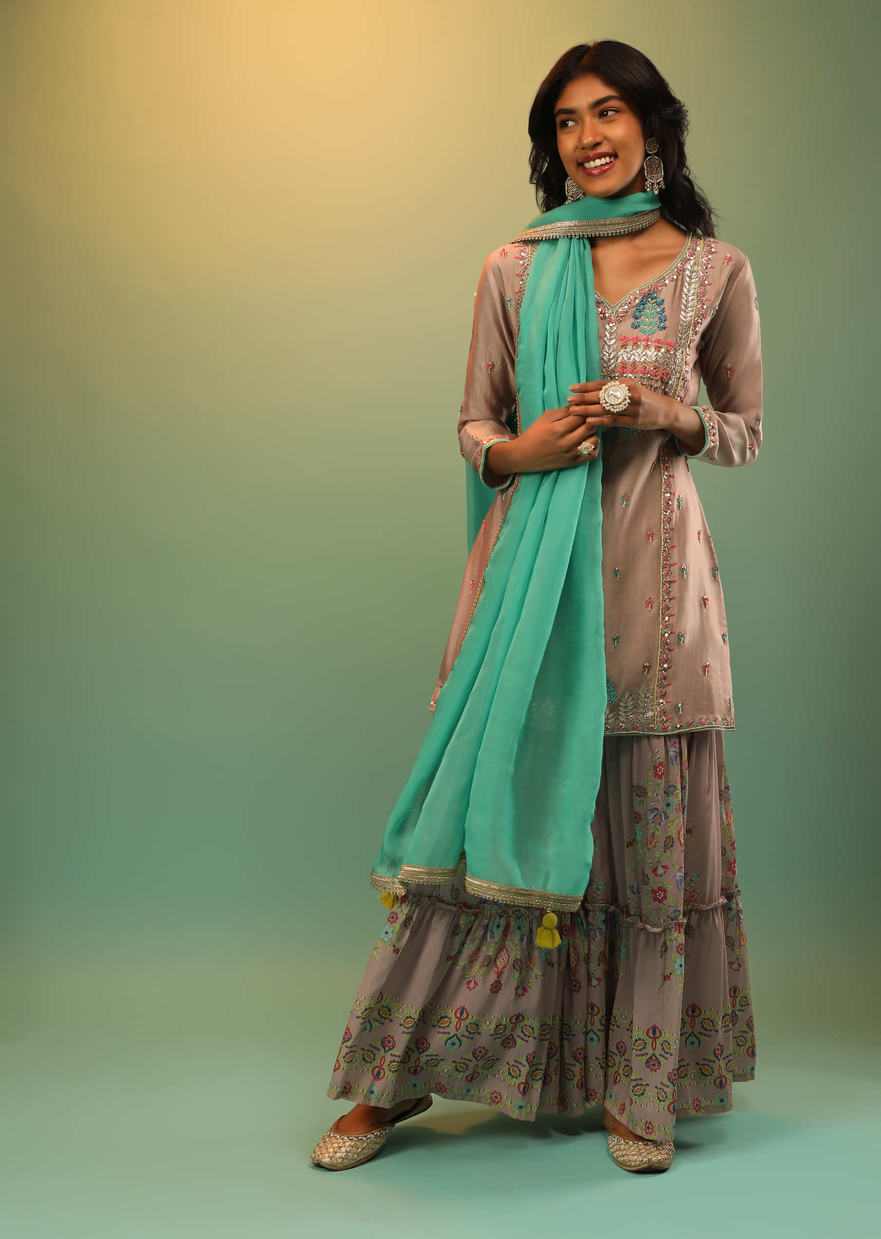 Buy Now,Be Indi Womens Pink Floral Kurta And Fuchsia Tie&Dye Flared Sharara  Pants And Dupatta With Tassels. – BE INDI