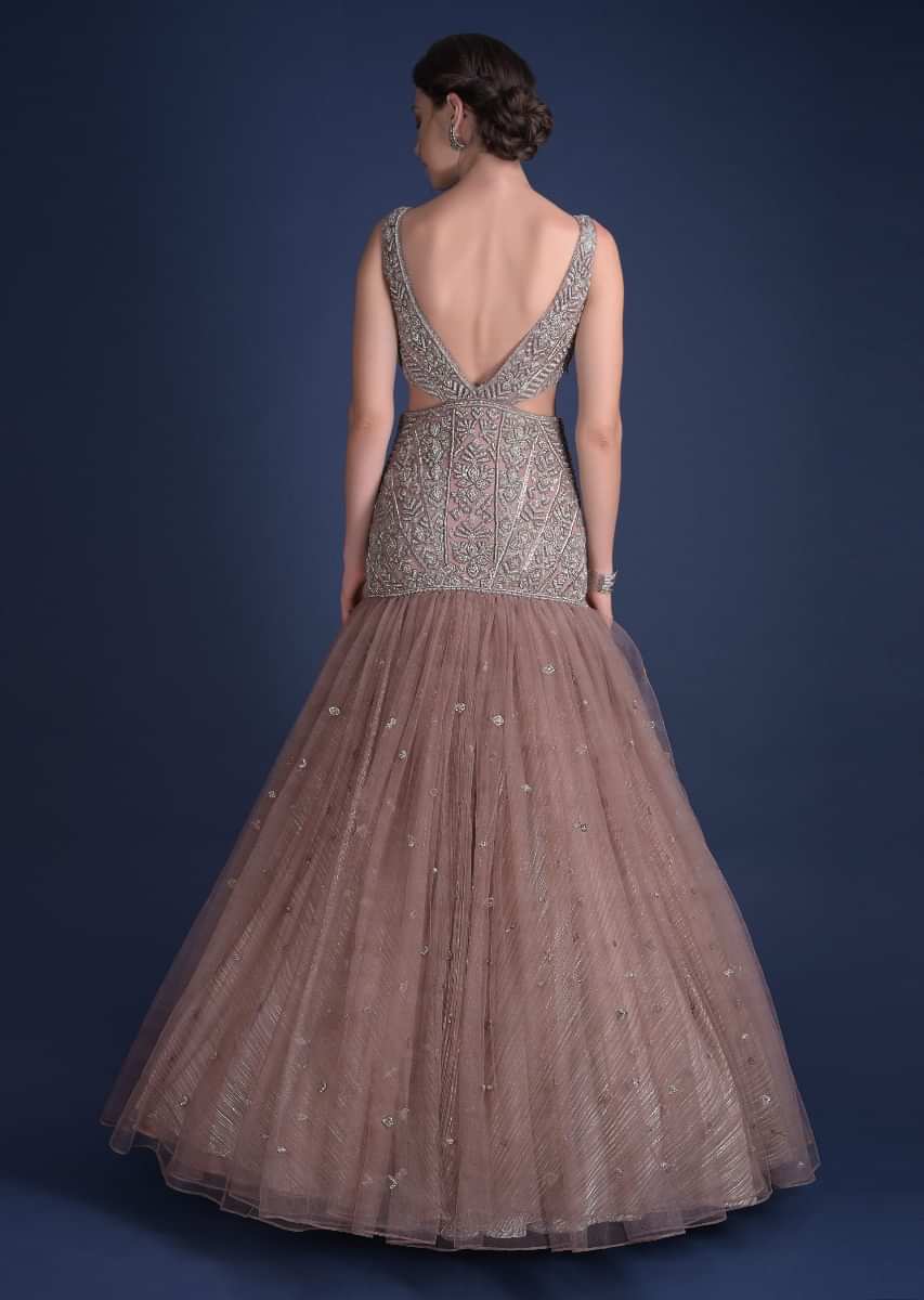 Eve Champagne Mermaid Cut Gown In Hand Crafted Net With Geometric Motifs Online - Kalki Fashion