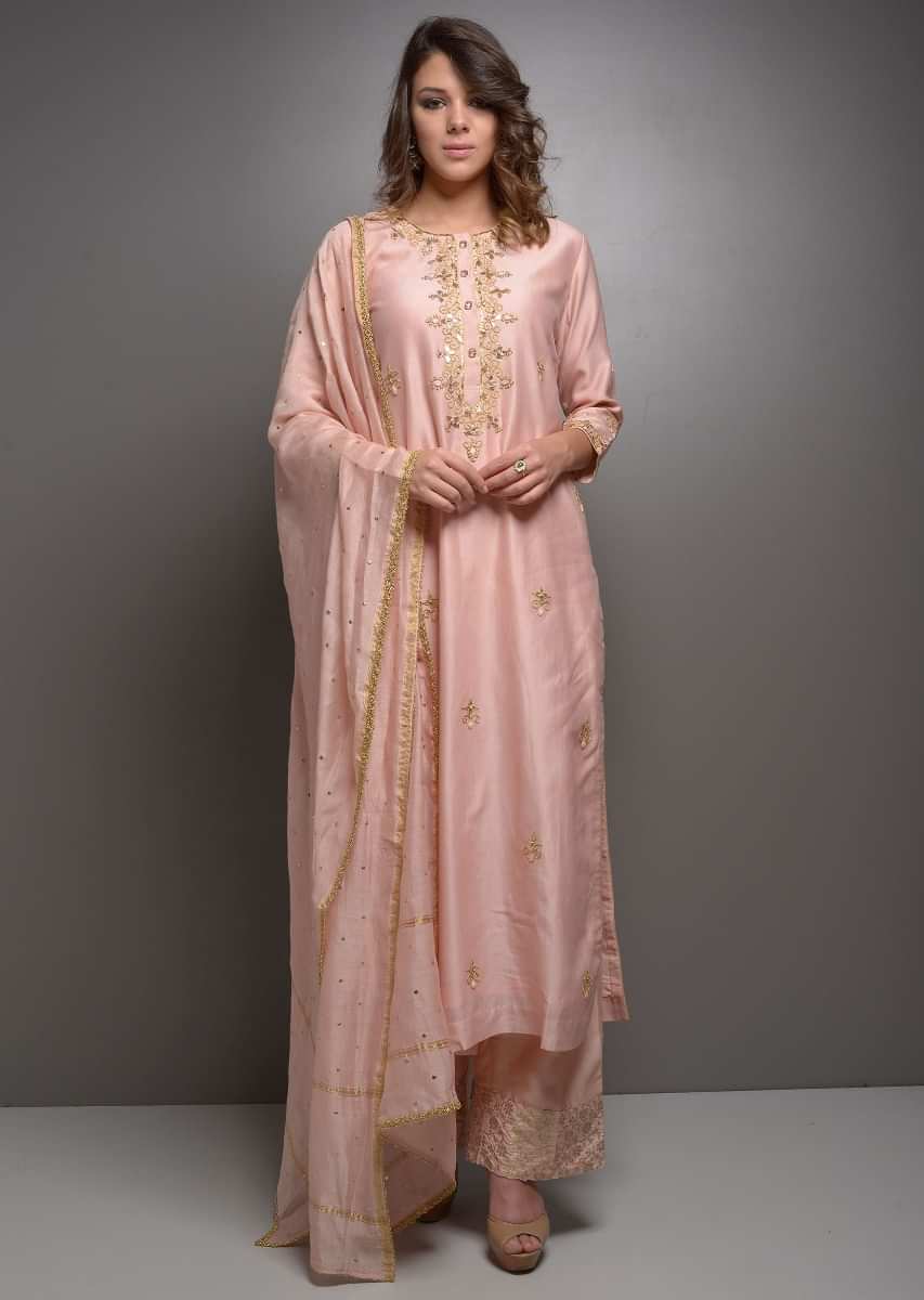 Dusty pink embroidered suit with matching palazzo and dupatta
