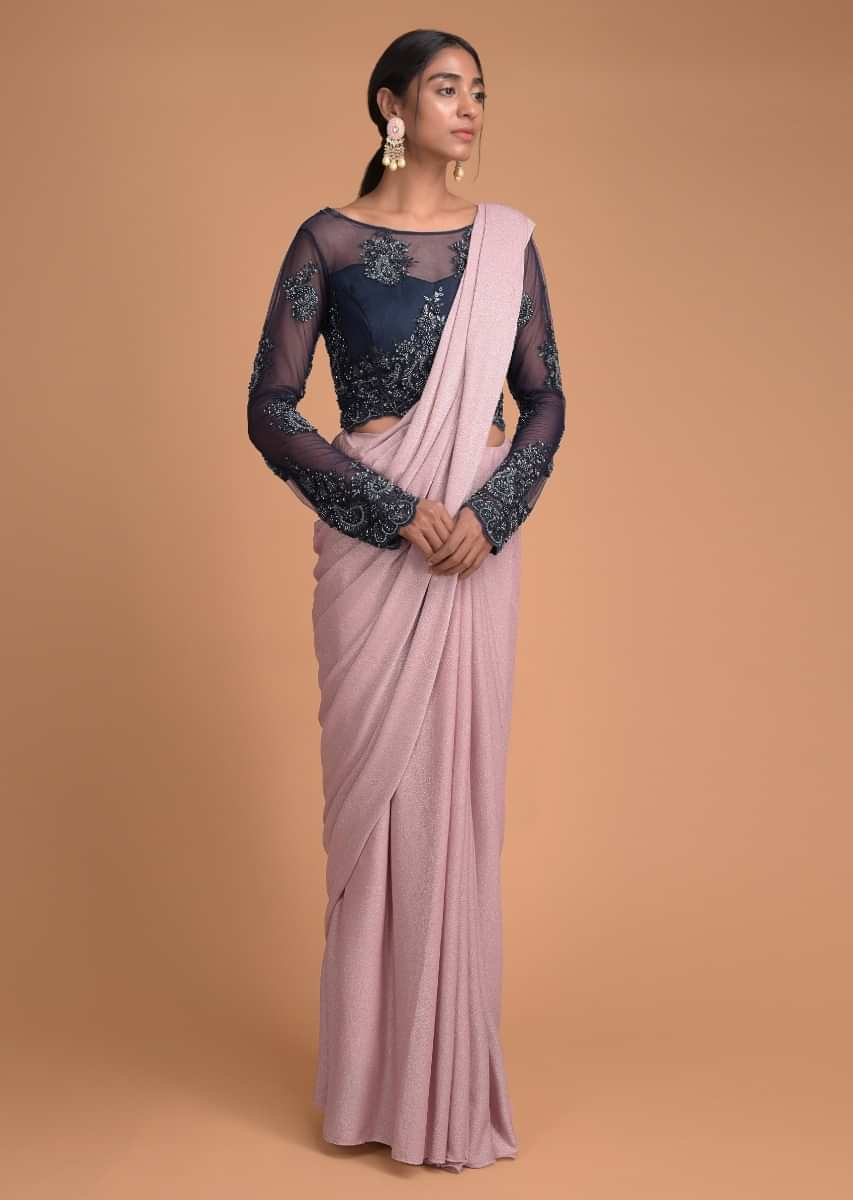 Buy Dusty Pink Saree In Shimmer Lycra And Contrasting Blue