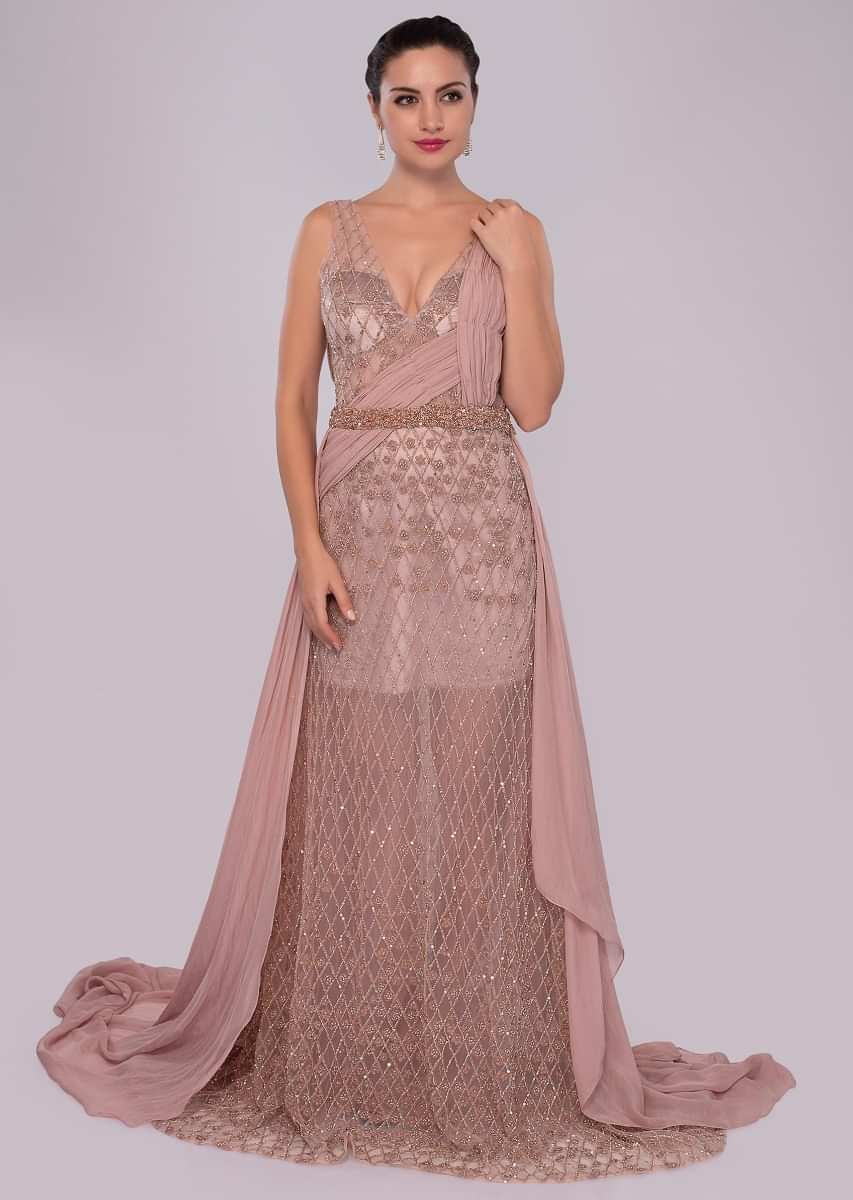 Dusty pink sheer net gown with velvet under layer