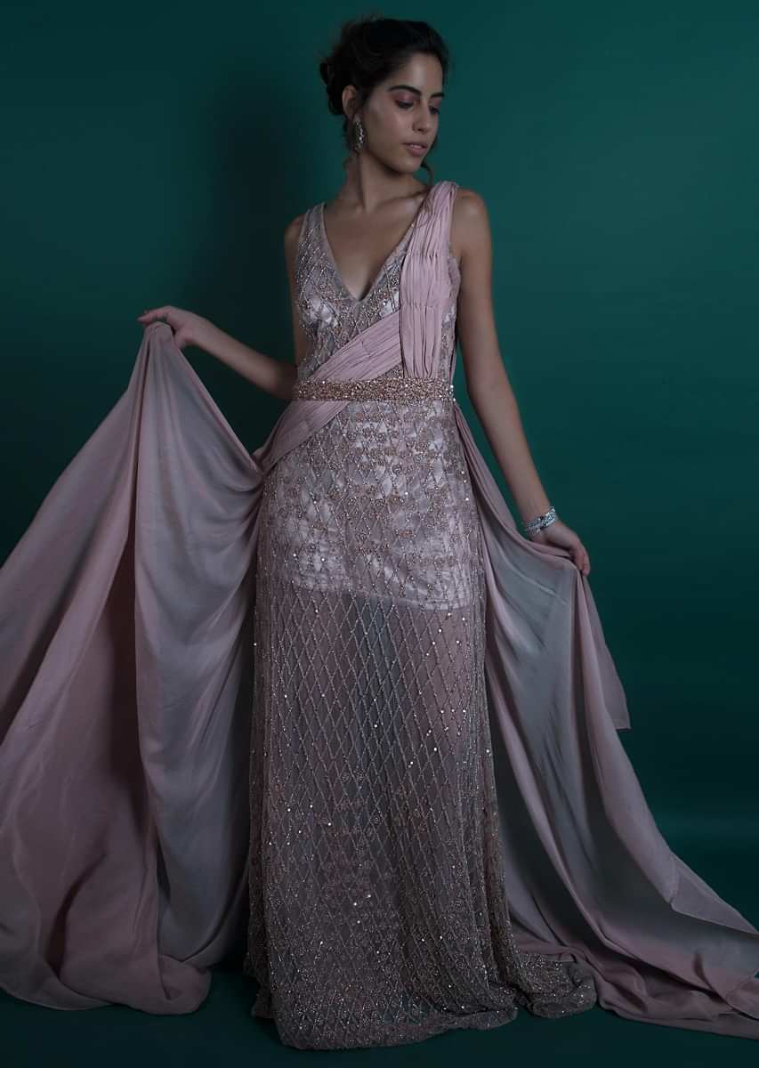 Dusty Pink Gown In Sheer Net With Velvet Under Layer Online - Kalki Fashion