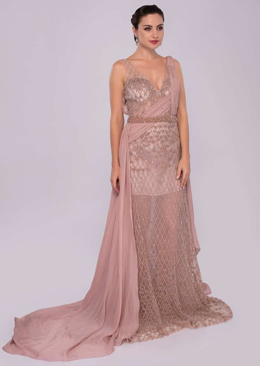 Dusty pink sheer net gown with velvet under layer