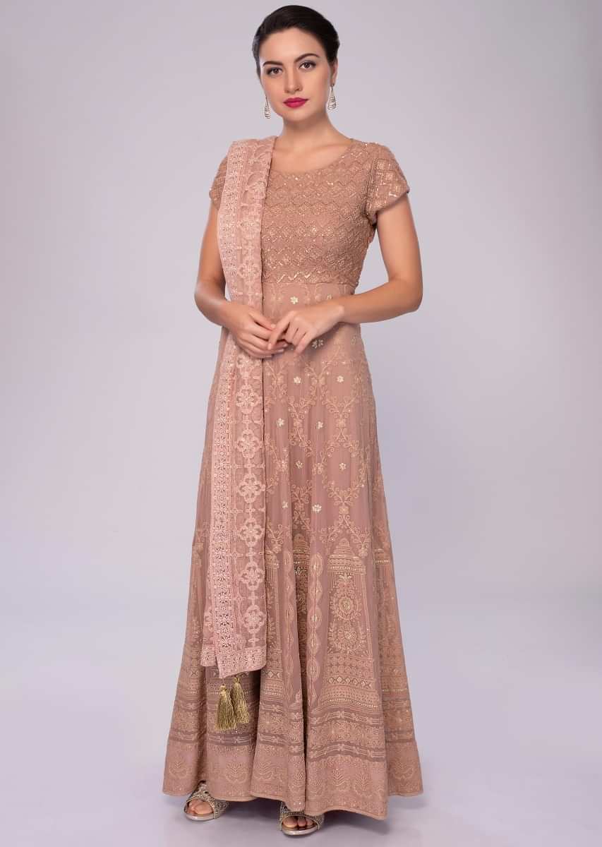 Dusty rose georgette tunic dress in temple and floral motif 