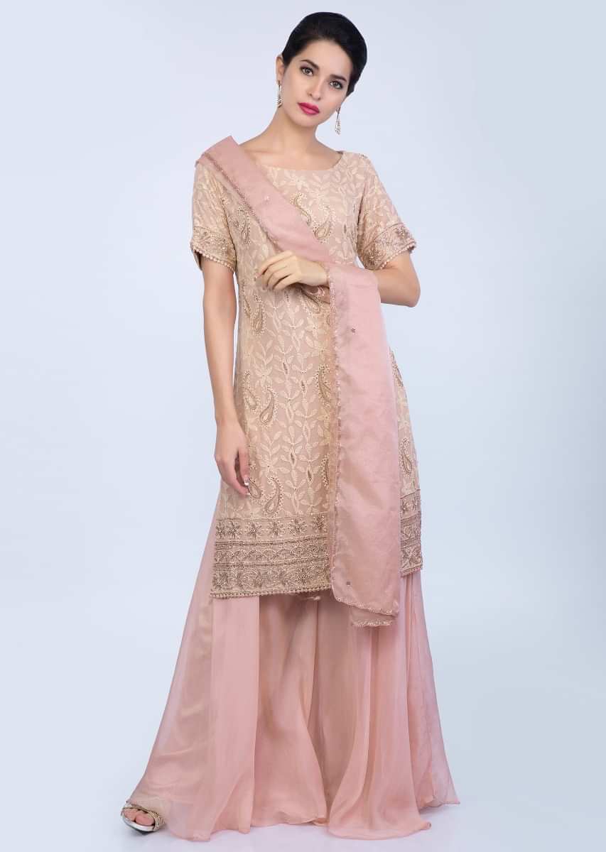 Dusty Rose Palazzo Suit Set With Cut Dana And Stone Embroidery Online - Kalki Fashion