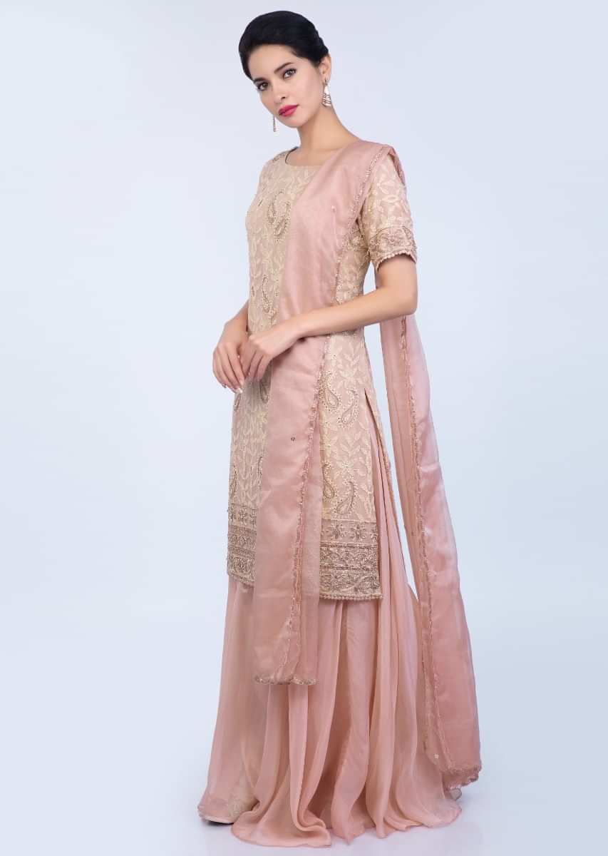 Dusty Rose Palazzo Suit Set With Cut Dana And Stone Embroidery Online - Kalki Fashion