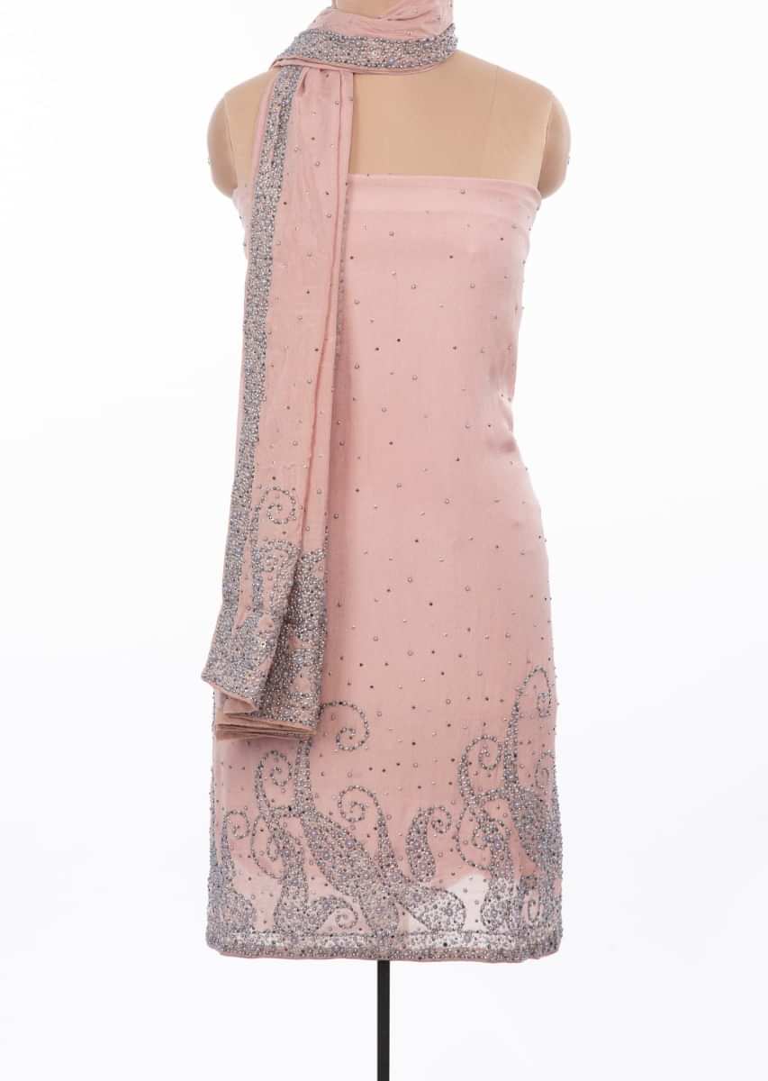Dusty rose pink shimmer chiffon unstitched suit set in moti and sequins only on Kalki