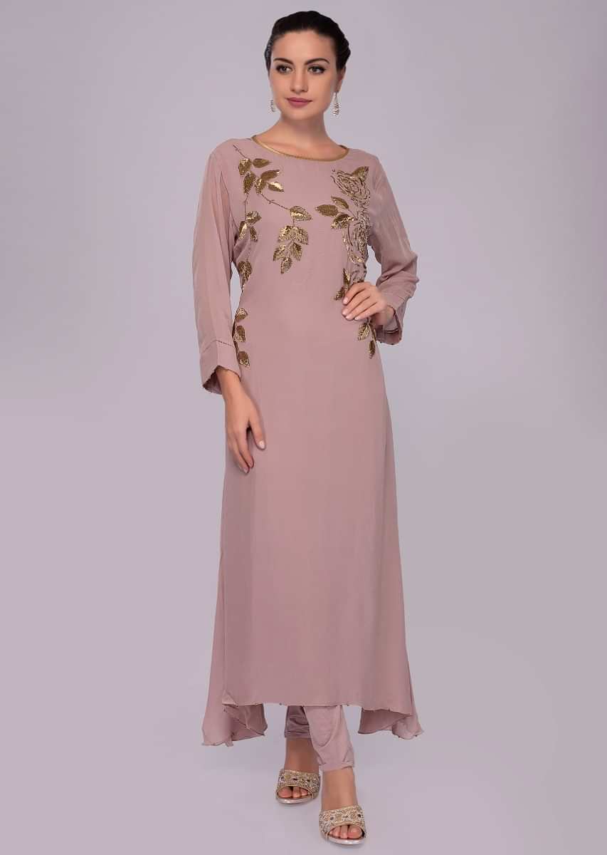 Dusty rose pink suit in cut dana embroidery in floral motif 