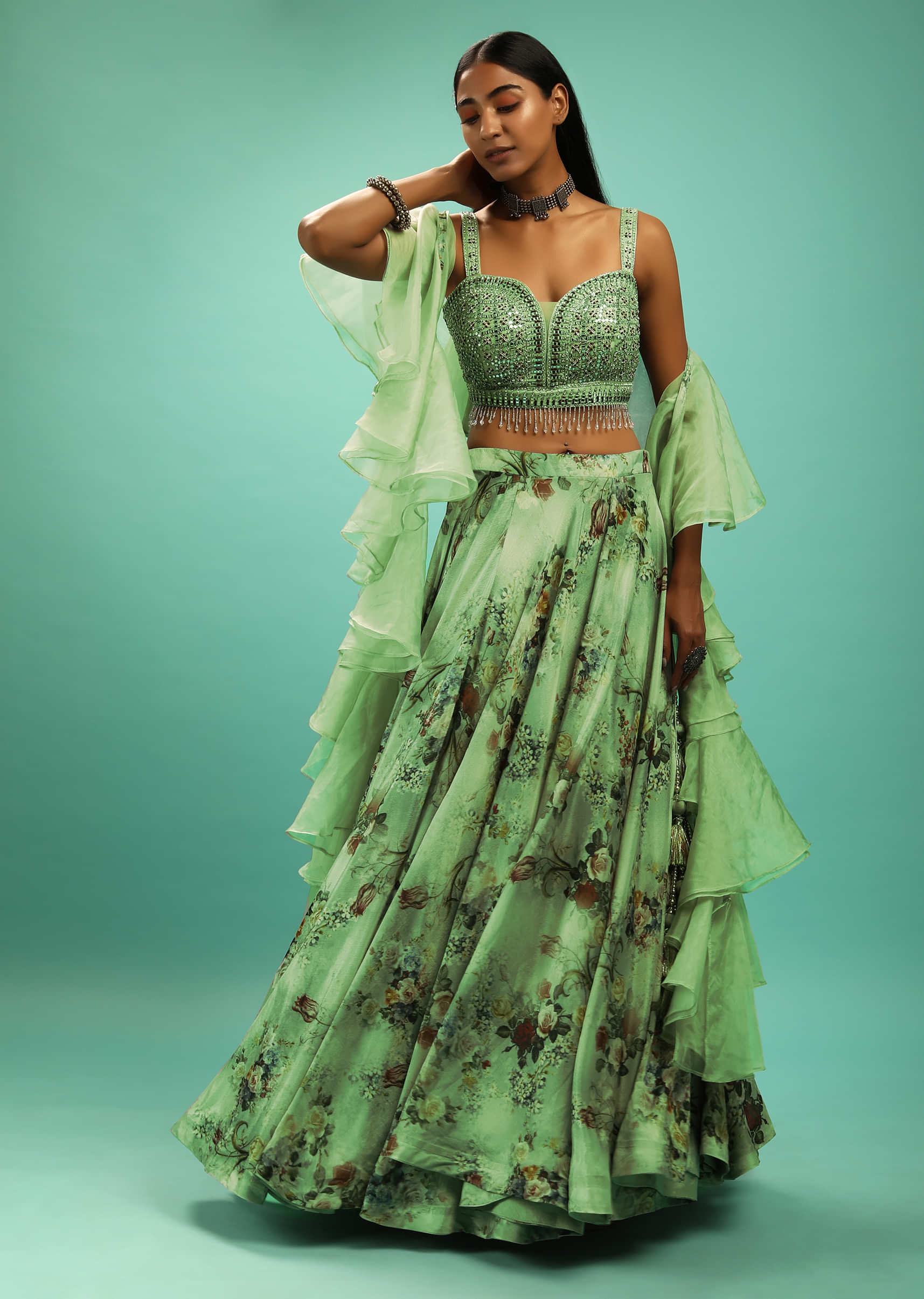 Dusty Pista Green Shaded Skirt And Crop Top With Floral Print And Mirror Work 