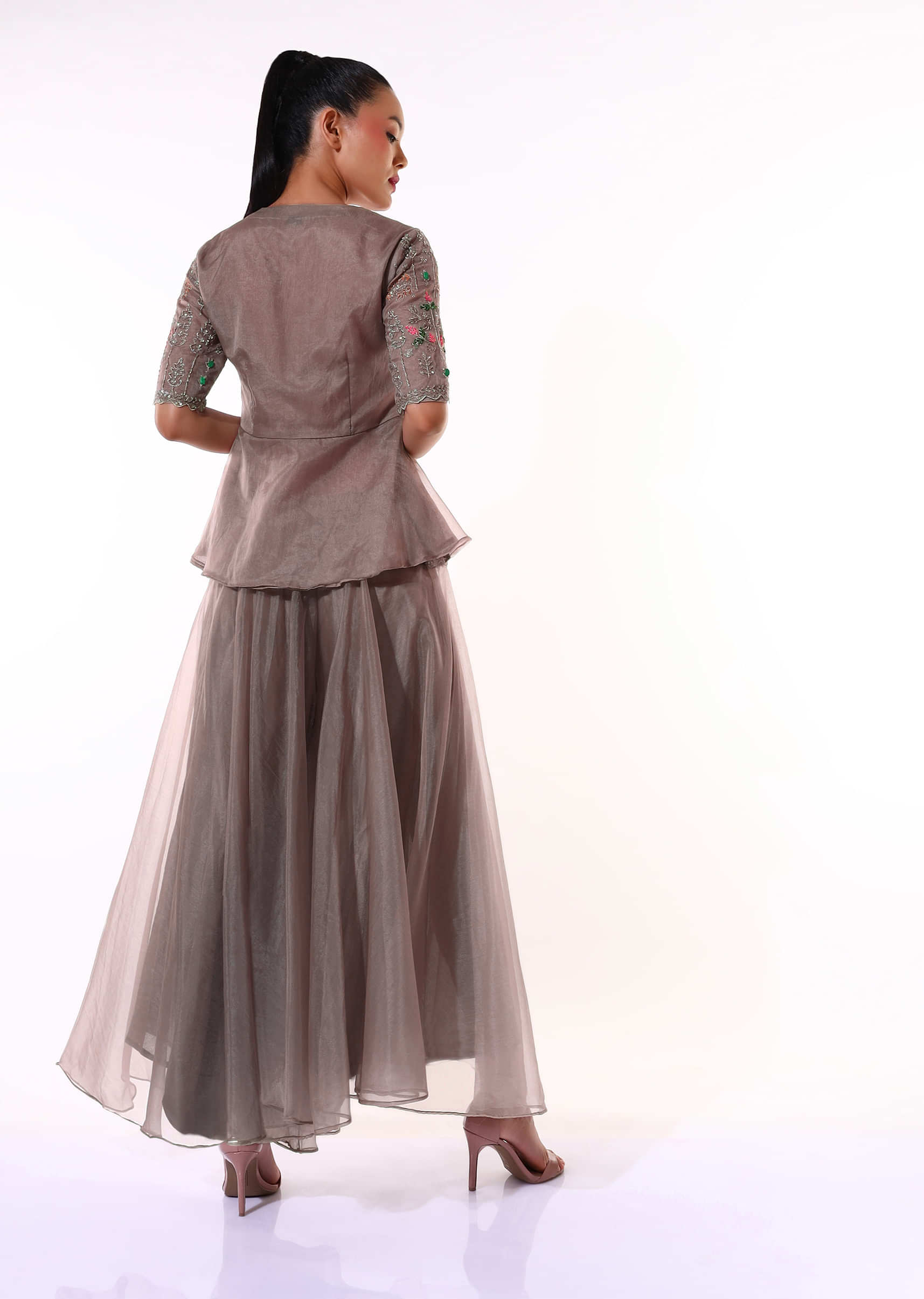 Dusty Brown Palazzo Suit In Organza With A Matching Peplum Top Adorned In Zari And Thread Embroidery