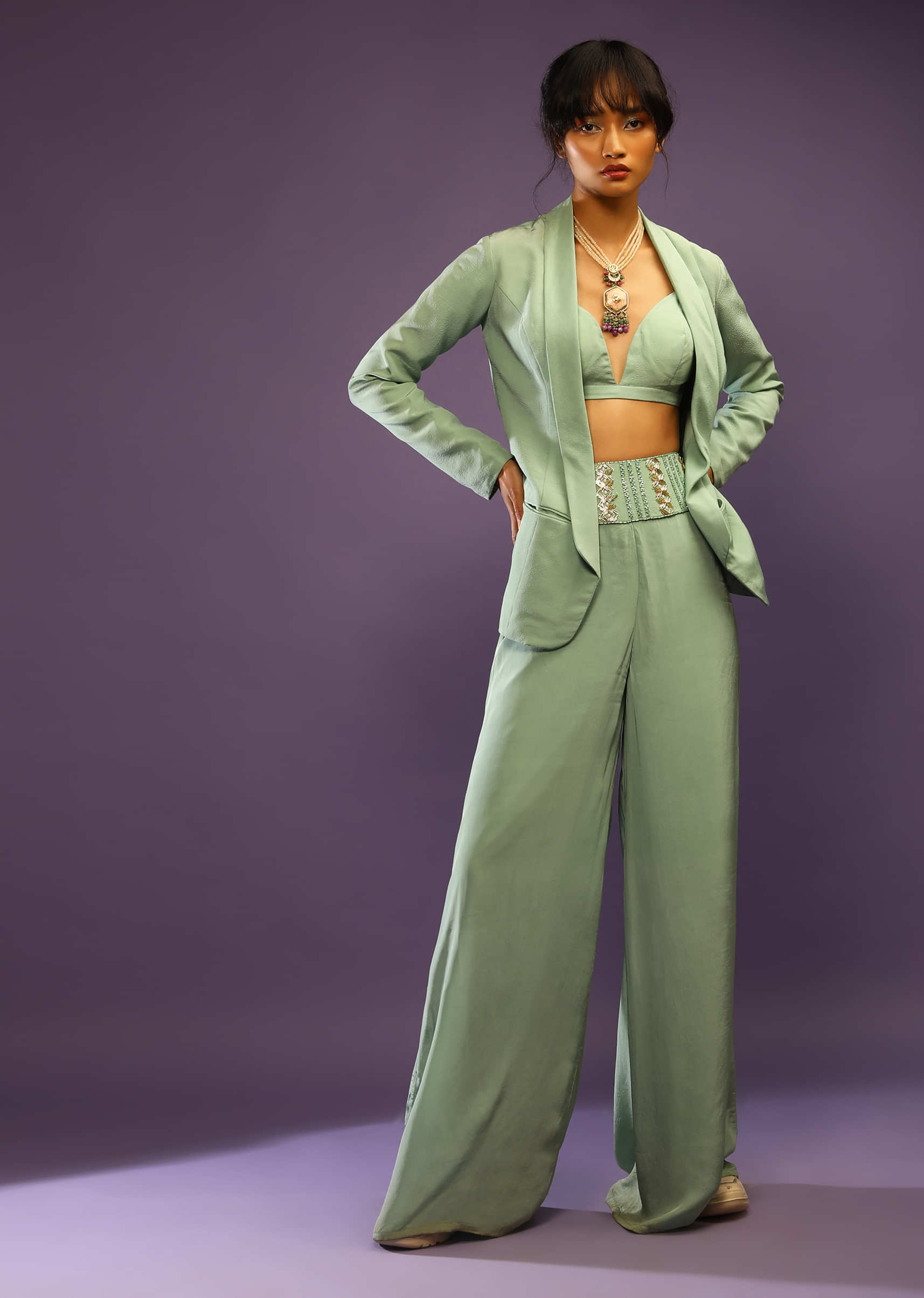 Dusty Jade Blazer And Palazzo Suit With A Plunge Neckline Bustier