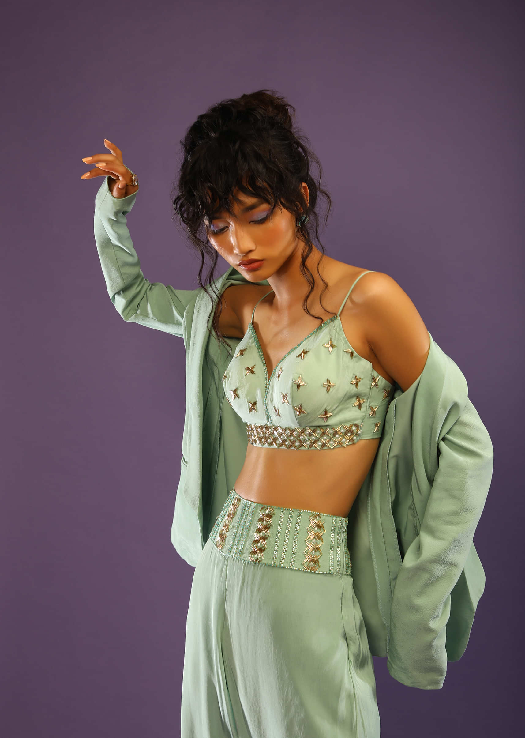 Dusty Jade Blazer And Palazzo Suit With Cut Dana Embroidered Bustier