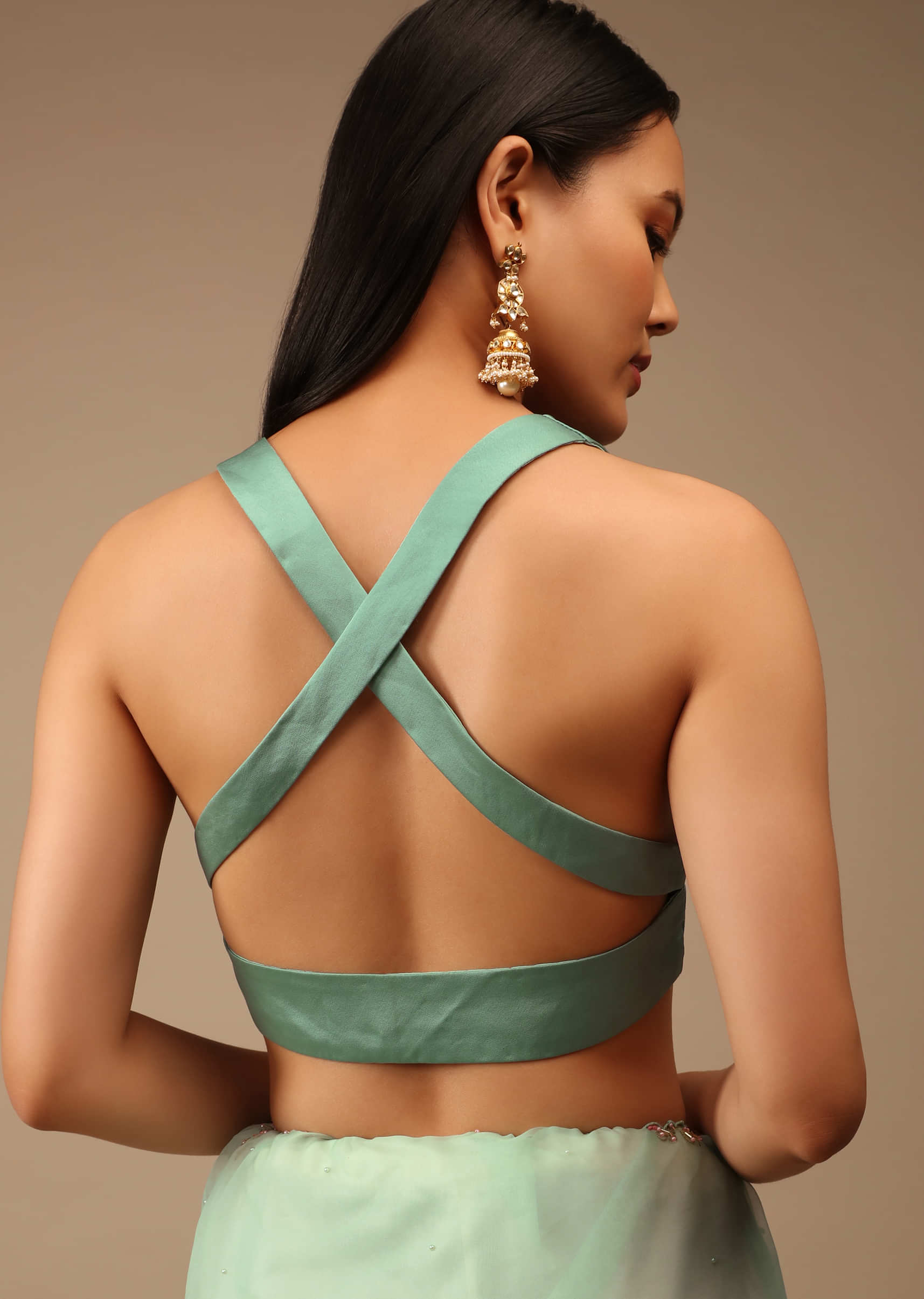 Dusty Jade Blouse In Satin With Plunging Geometric Neckline And Criss Cross Straps On The Back