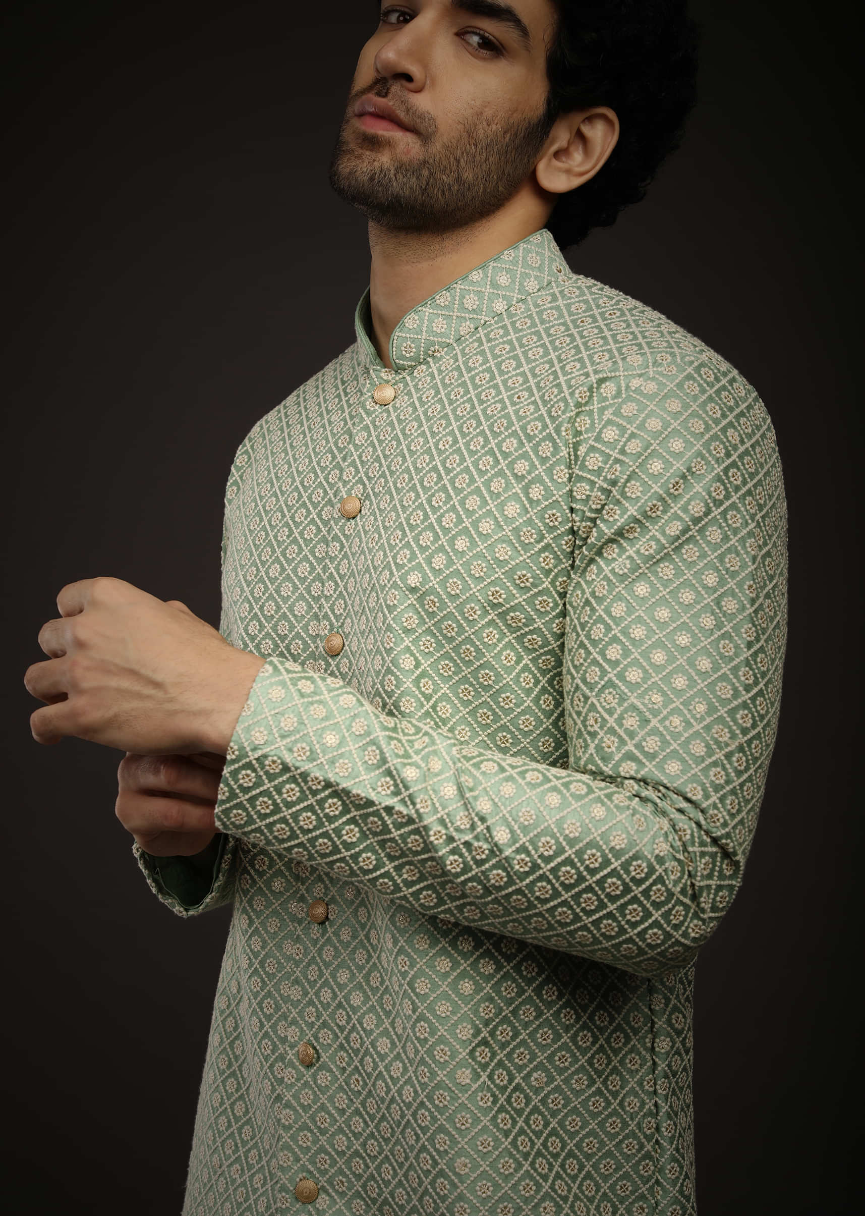 Dusty Jade Green Kurta Set With Lucknowi Thread And Sequins Embroidered Jaal And Centre Placket