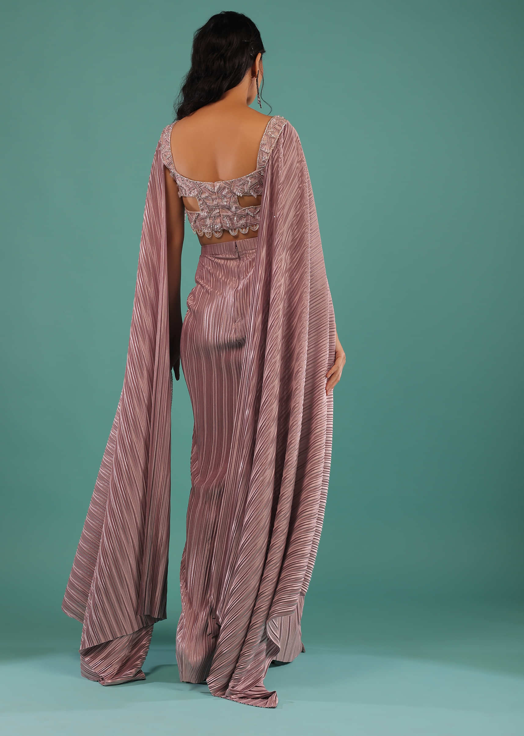 Dusty Lavender Draped Skirt And Crop Top Set With Resham And 3D Embroidery And Extended Sleeves
