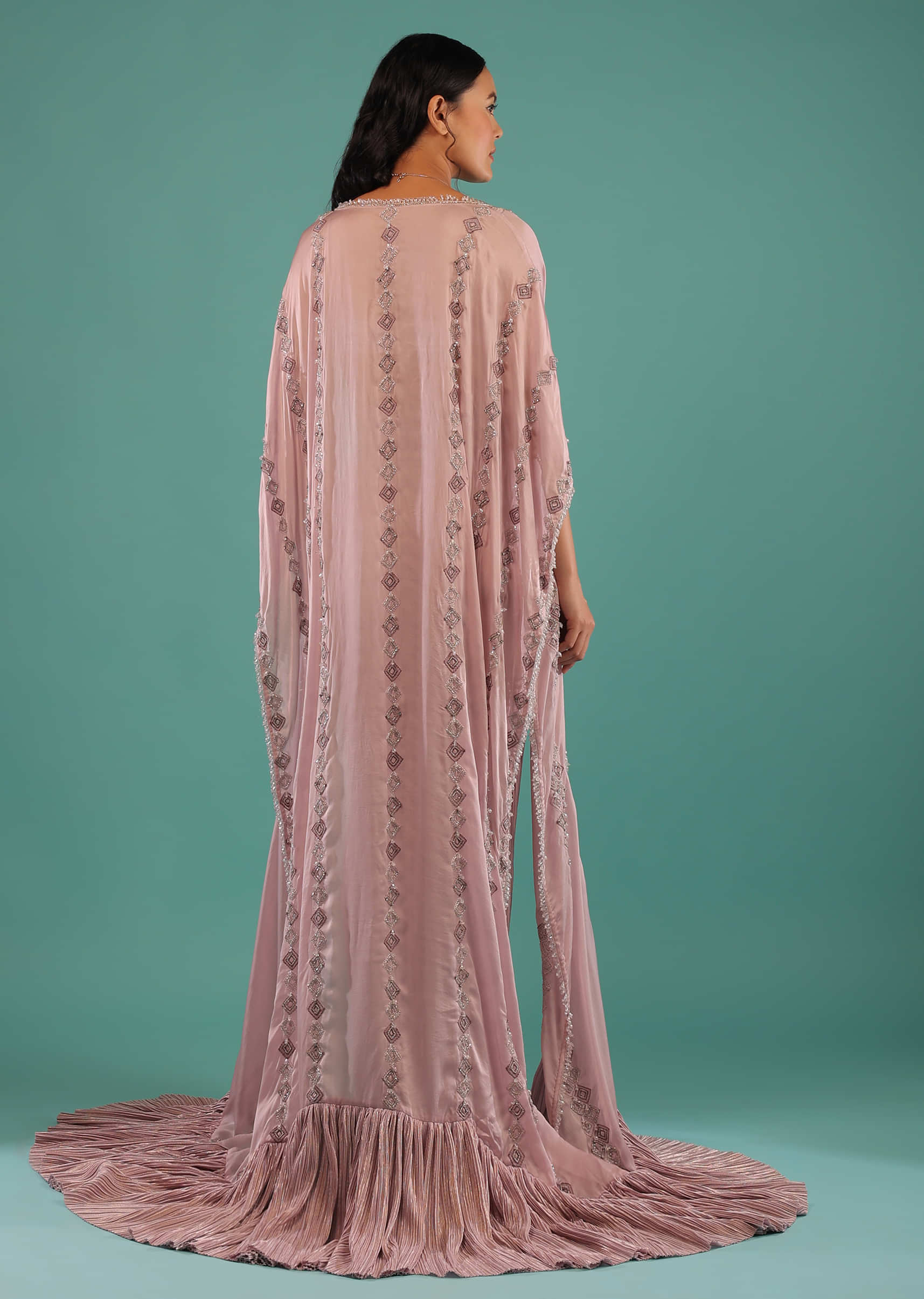Dusty Lavender Draped Skirt And Crop Top With Cut Dana Embroidery And Long Floor Length Frilled Cape
