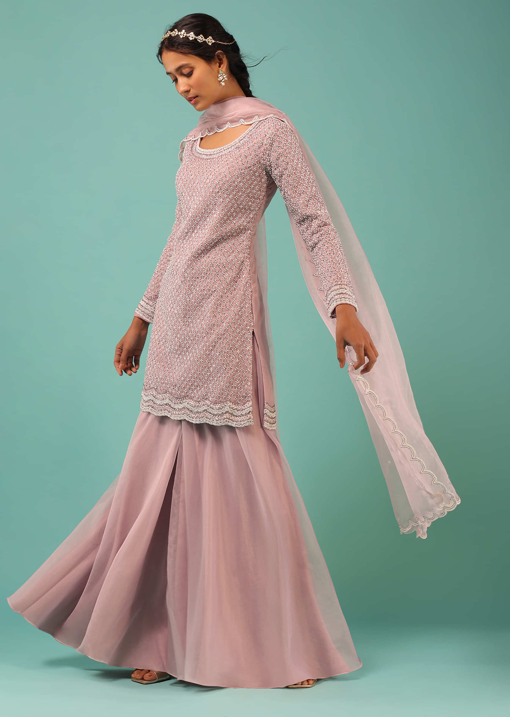 Dusty Lavender Palazzo Suit With Moti And Cut Dana Embroidered Mesh Design And Full Sleeves