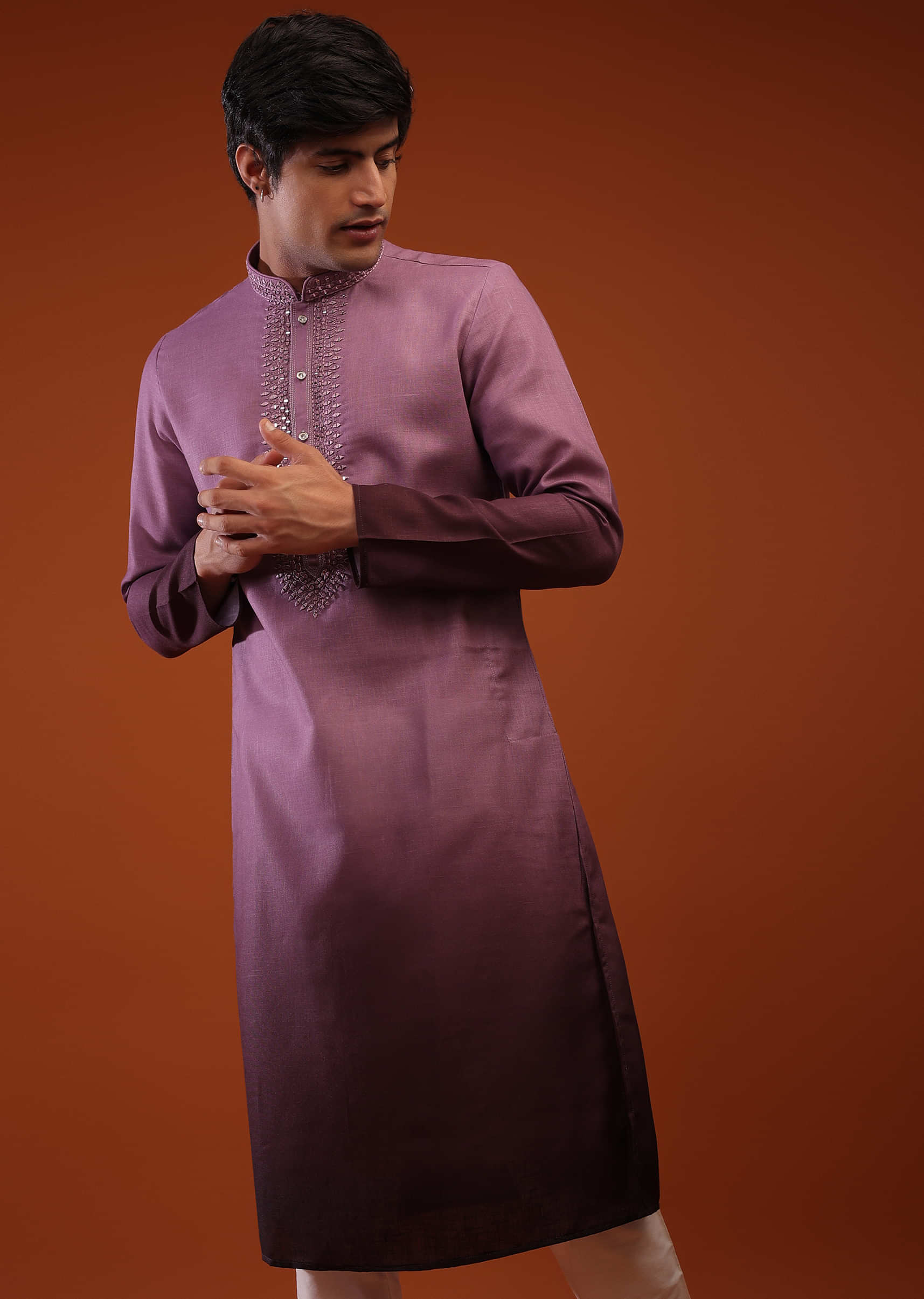 Dusty Lavender Raw Silk Kurta Set With Abla Embroidery And Front Stone Button Closure