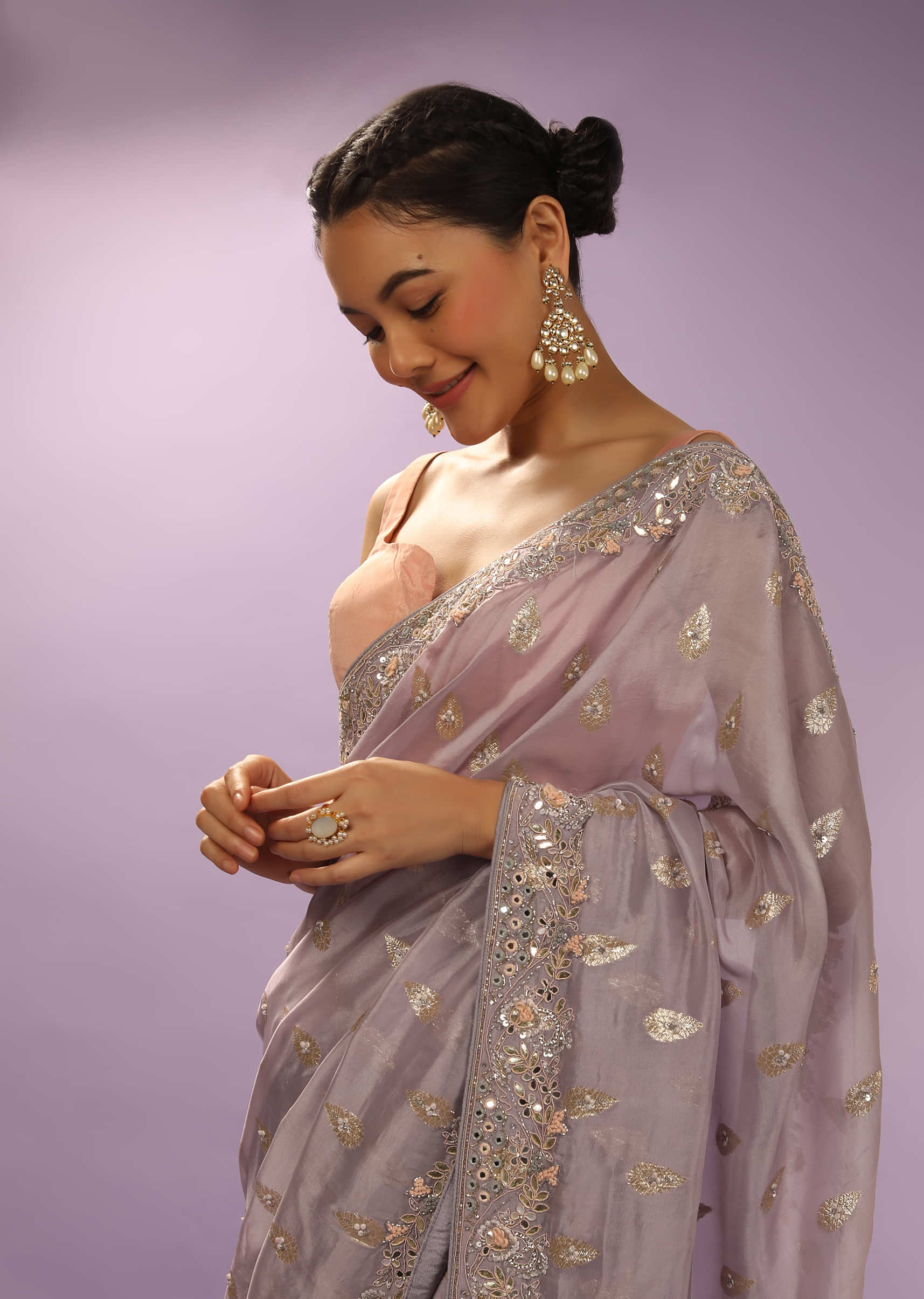 Dusty Lavender Saree In Organza Silk With Woven Buttis And Colorful Mirror Abla Embroidery On The Border 