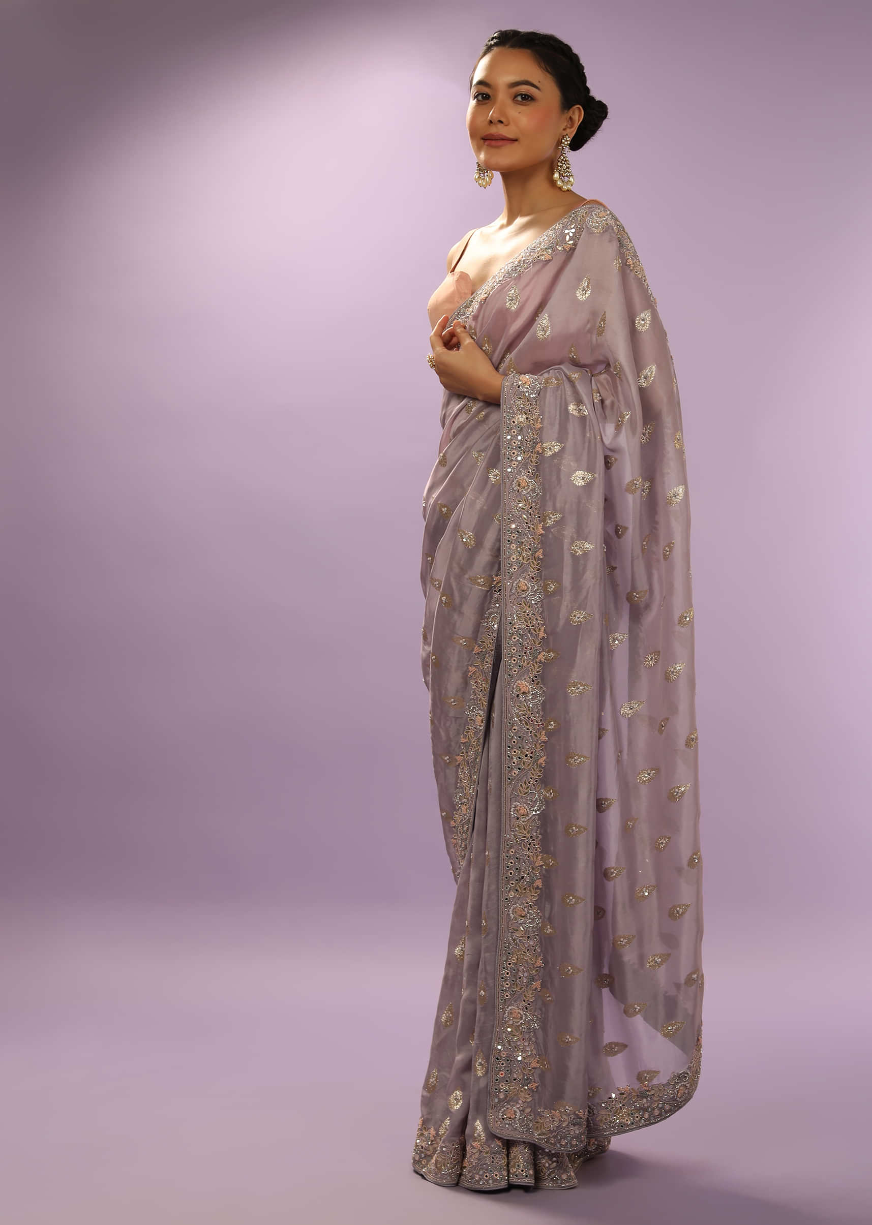 Dusty Lavender Saree In Organza Silk With Woven Buttis And Colorful Mirror Abla Embroidery On The Border 